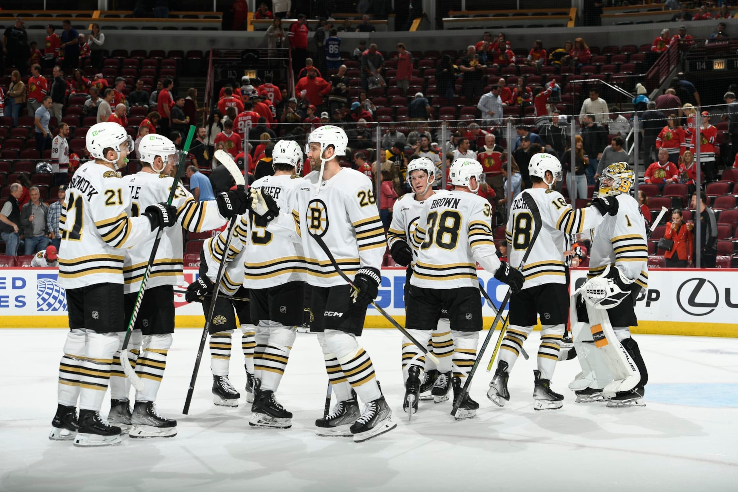 CHICAGO, ILLINOIS - OCTOBER 24: The Boston Bruins celebrate after defeating the Chicago Blackhawks 3-0 in a shutout at the United Center on October 24, 2023 in Chicago, Illinois. (Photo by Bill Smith/NHLI via Getty Images)