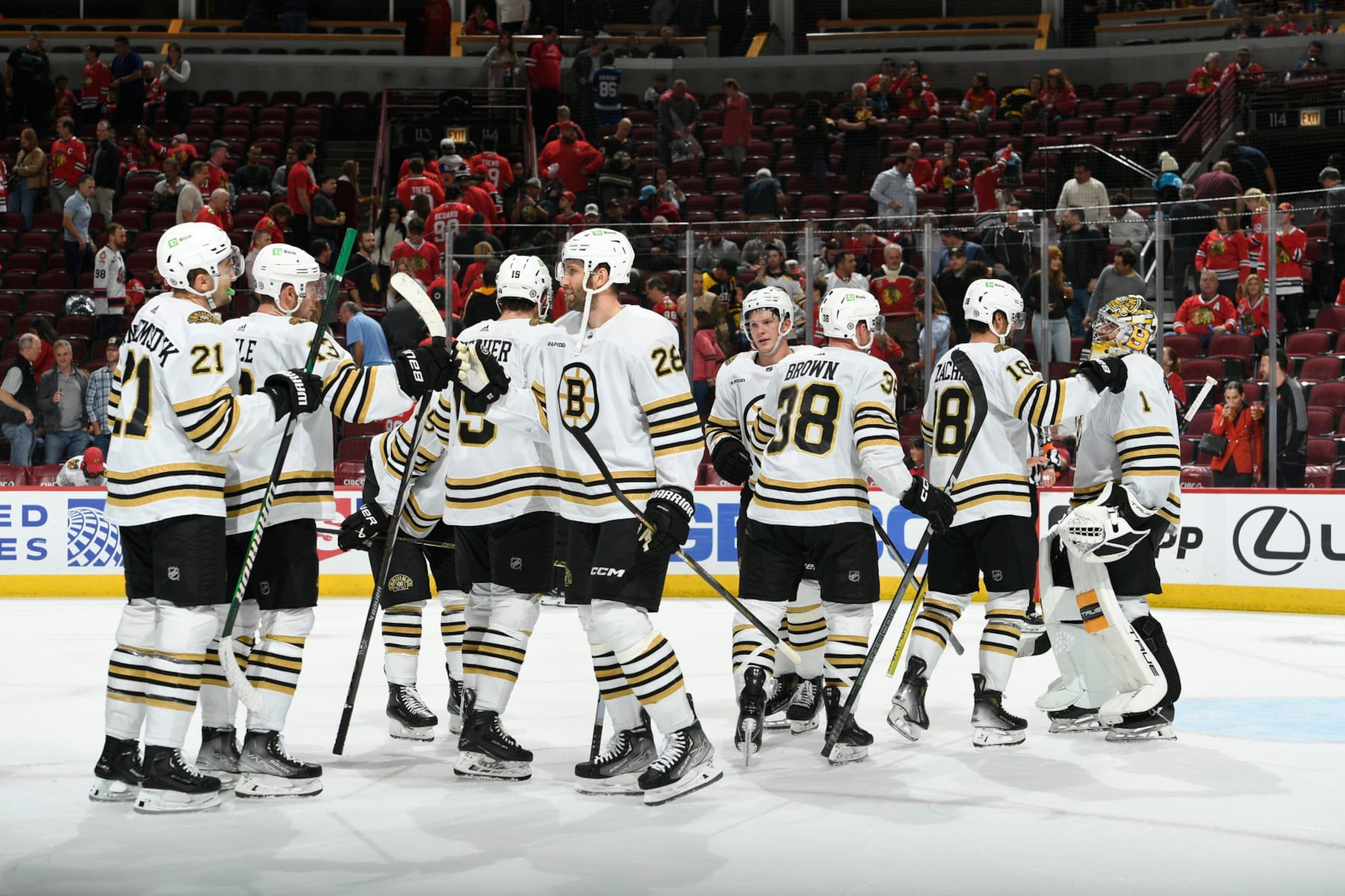 CHICAGO, ILLINOIS - OCTOBER 24: The Boston Bruins celebrate after defeating the Chicago Blackhawks 3-0 in a shutout at the United Center on October 24, 2023 in Chicago, Illinois. (Photo by Bill Smith/NHLI via Getty Images)