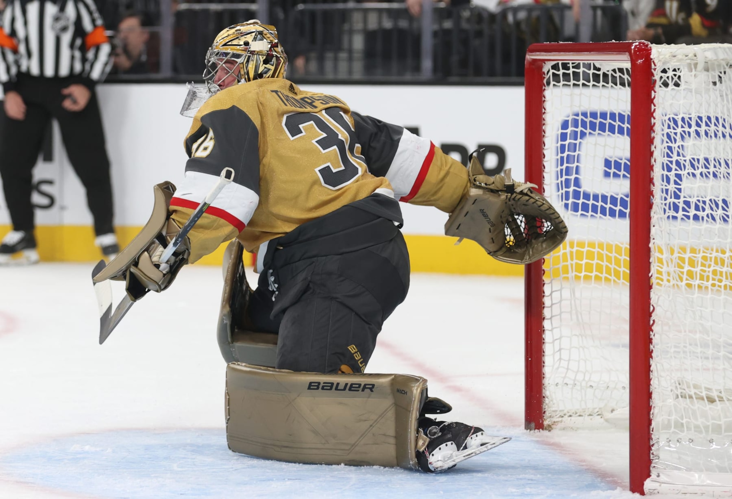 LAS VEGAS, NEVADA - OCTOBER 24: Logan Thompson #36 of the Vegas Golden Knights tends net during the first period against the Philadelphia Flyers at T-Mobile Arena on October 24, 2023 in Las Vegas, Nevada. (Photo by Zak Krill/NHLI via Getty Images)
