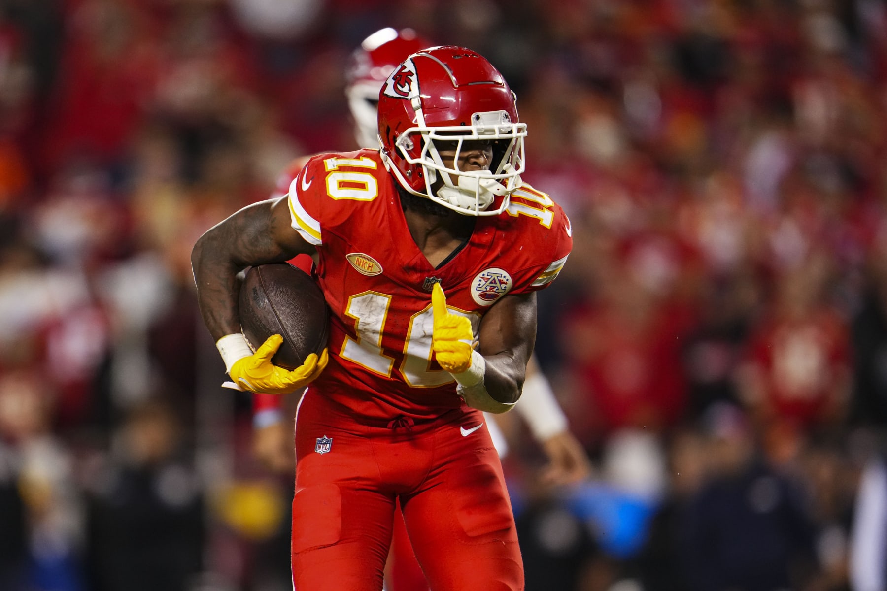 KANSAS CITY, MO - OCTOBER 12: Isiah Pacheco #10 of the Kansas City Chiefs runs the ball during an NFL football game against the Denver Broncos at GEHA Field at Arrowhead Stadium on October 12, 2023 in Kansas City, Missouri. (Photo by Cooper Neill/Getty Images)