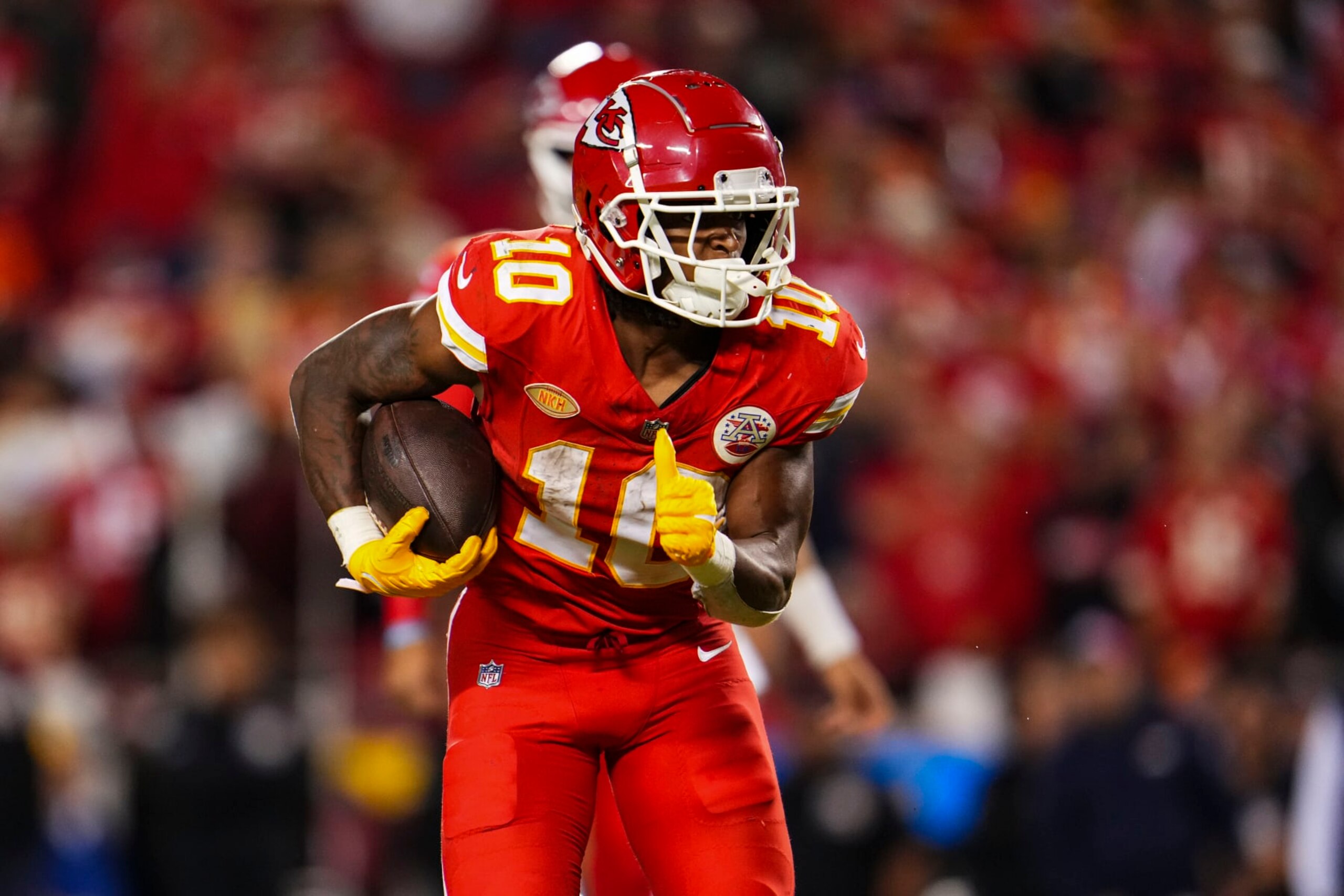 KANSAS CITY, MO - OCTOBER 12: Isiah Pacheco #10 of the Kansas City Chiefs runs the ball during an NFL football game against the Denver Broncos at GEHA Field at Arrowhead Stadium on October 12, 2023 in Kansas City, Missouri. (Photo by Cooper Neill/Getty Images)