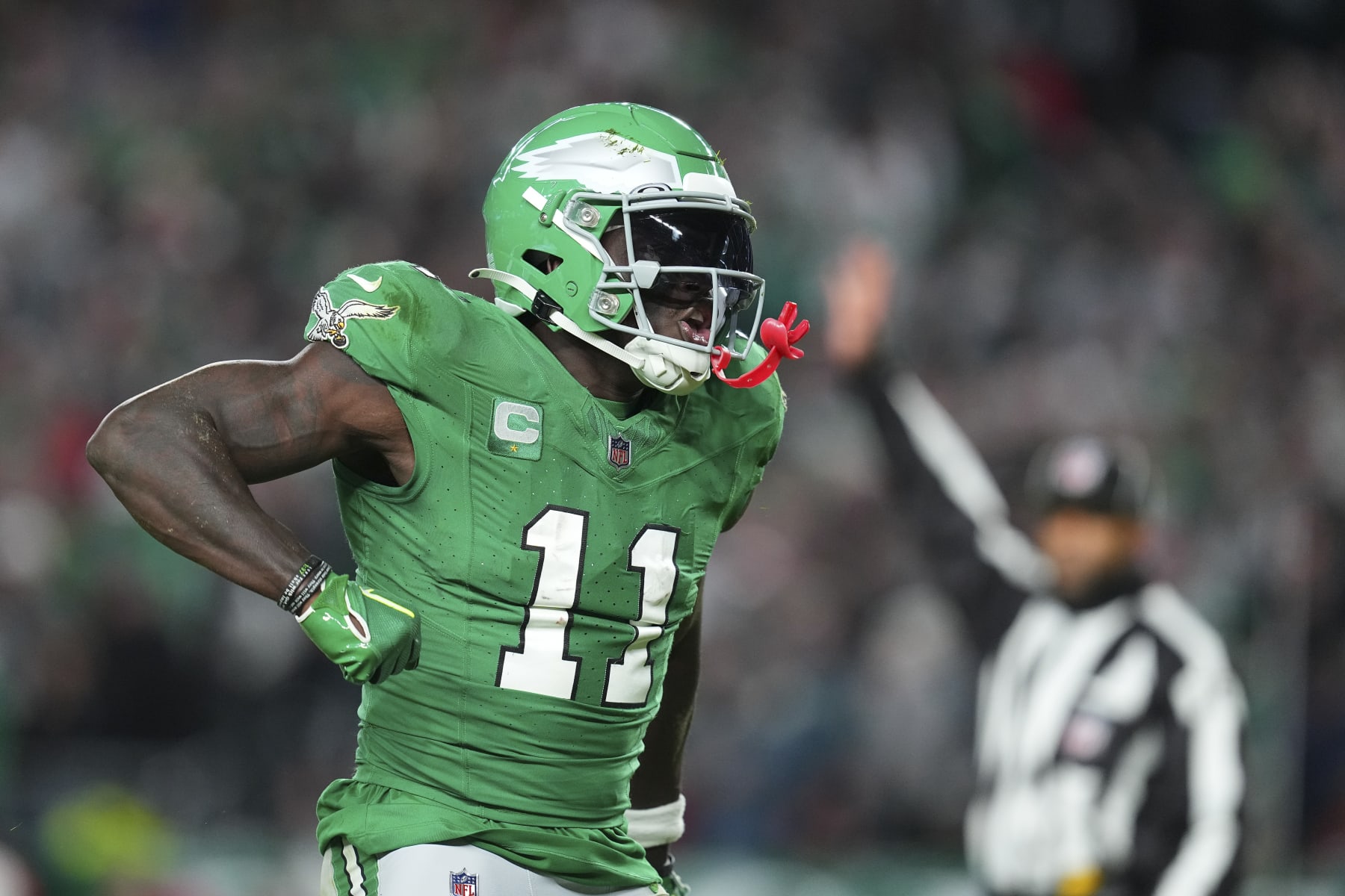 PHILADELPHIA, PENNSYLVANIA - OCTOBER 22: A.J. Brown #11 of the Philadelphia Eagles reacts against the Miami Dolphins at Lincoln Financial Field on October 22, 2023 in Philadelphia, Pennsylvania. (Photo by Mitchell Leff/Getty Images)