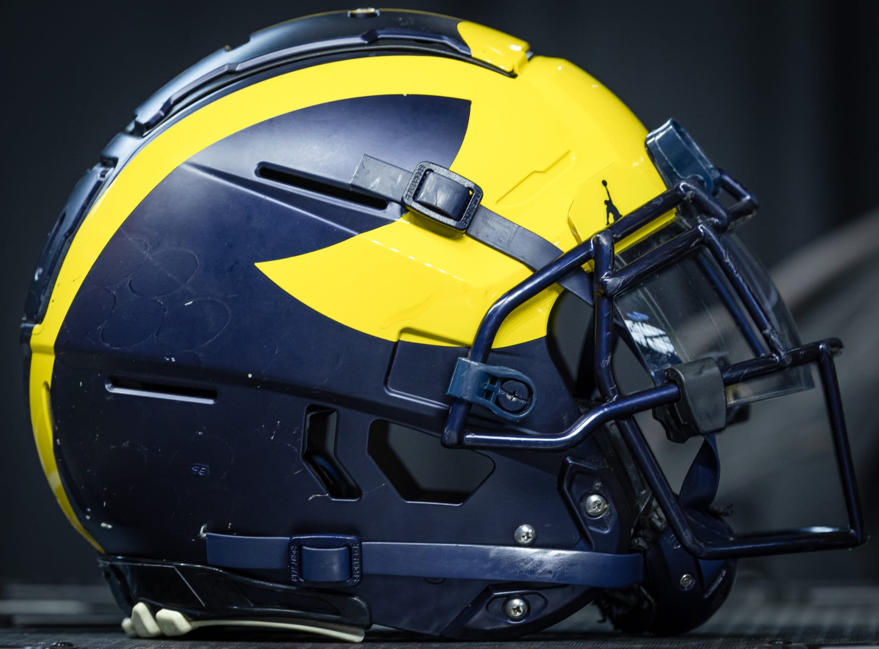 INDIANAPOLIS, INDIANA - JULY 27: A Michigan Wolverines helmet is seen at Big Ten football media days at Lucas Oil Stadium on July 27, 2023 in Indianapolis, Indiana. (Photo by Michael Hickey/Getty Images)