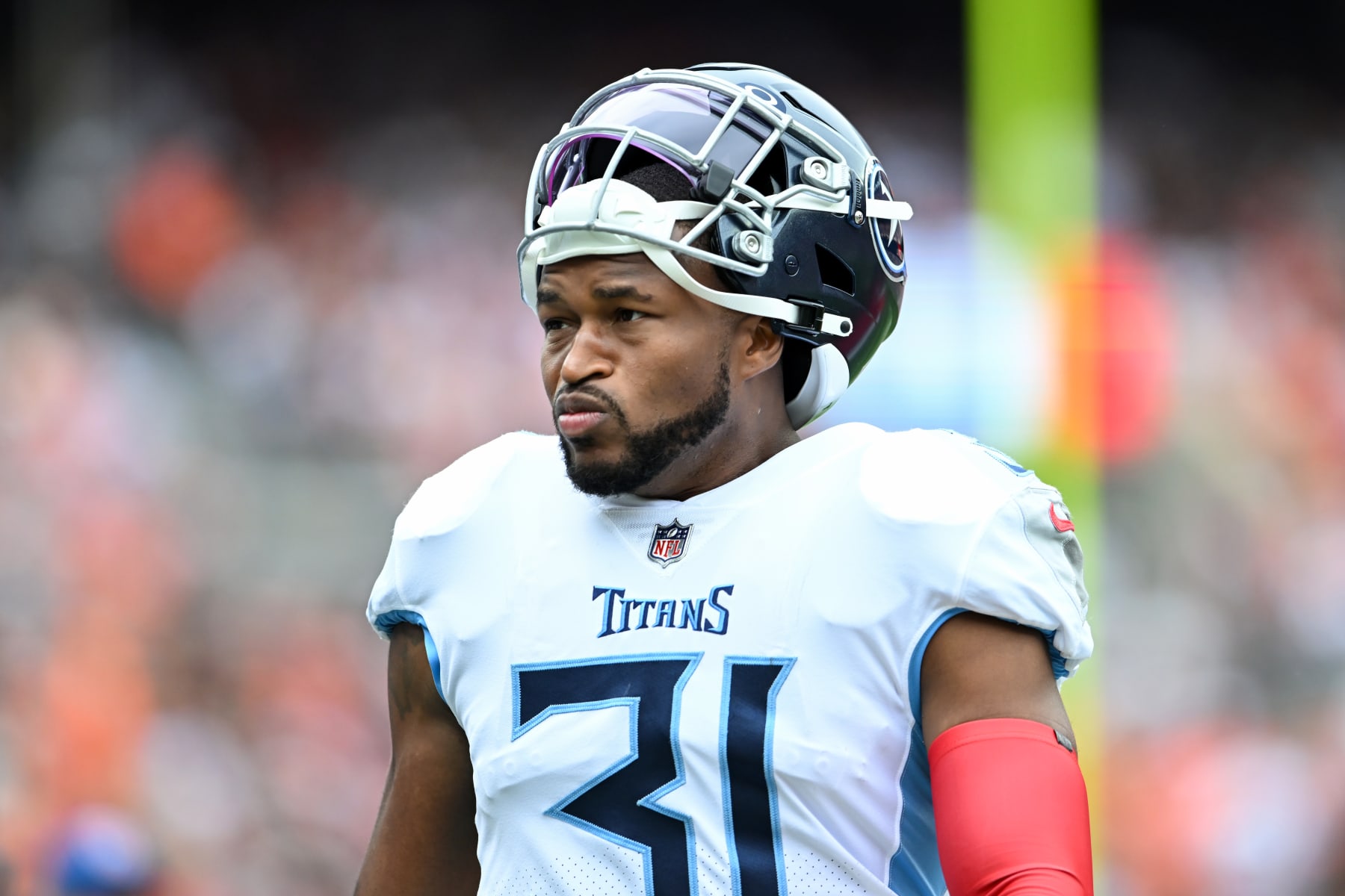 CLEVELAND, OHIO - SEPTEMBER 24: Kevin Byard #31 of the Tennessee Titans looks on prior to a game against the Cleveland Browns at Cleveland Browns Stadium on September 24, 2023 in Cleveland, Ohio. (Photo by Nick Cammett/Diamond Images via Getty Images)