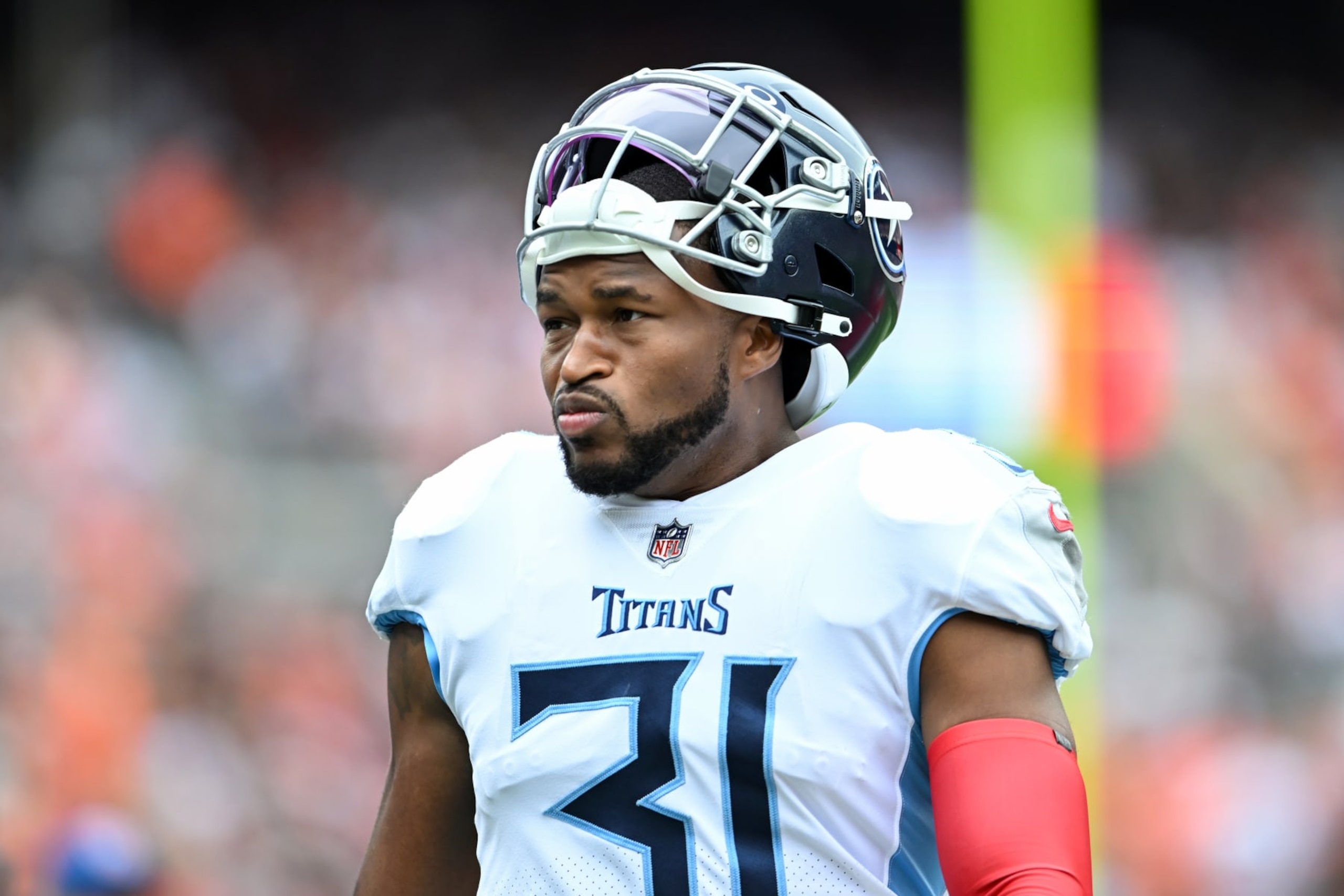 CLEVELAND, OHIO - SEPTEMBER 24: Kevin Byard #31 of the Tennessee Titans looks on prior to a game against the Cleveland Browns at Cleveland Browns Stadium on September 24, 2023 in Cleveland, Ohio. (Photo by Nick Cammett/Diamond Images via Getty Images)