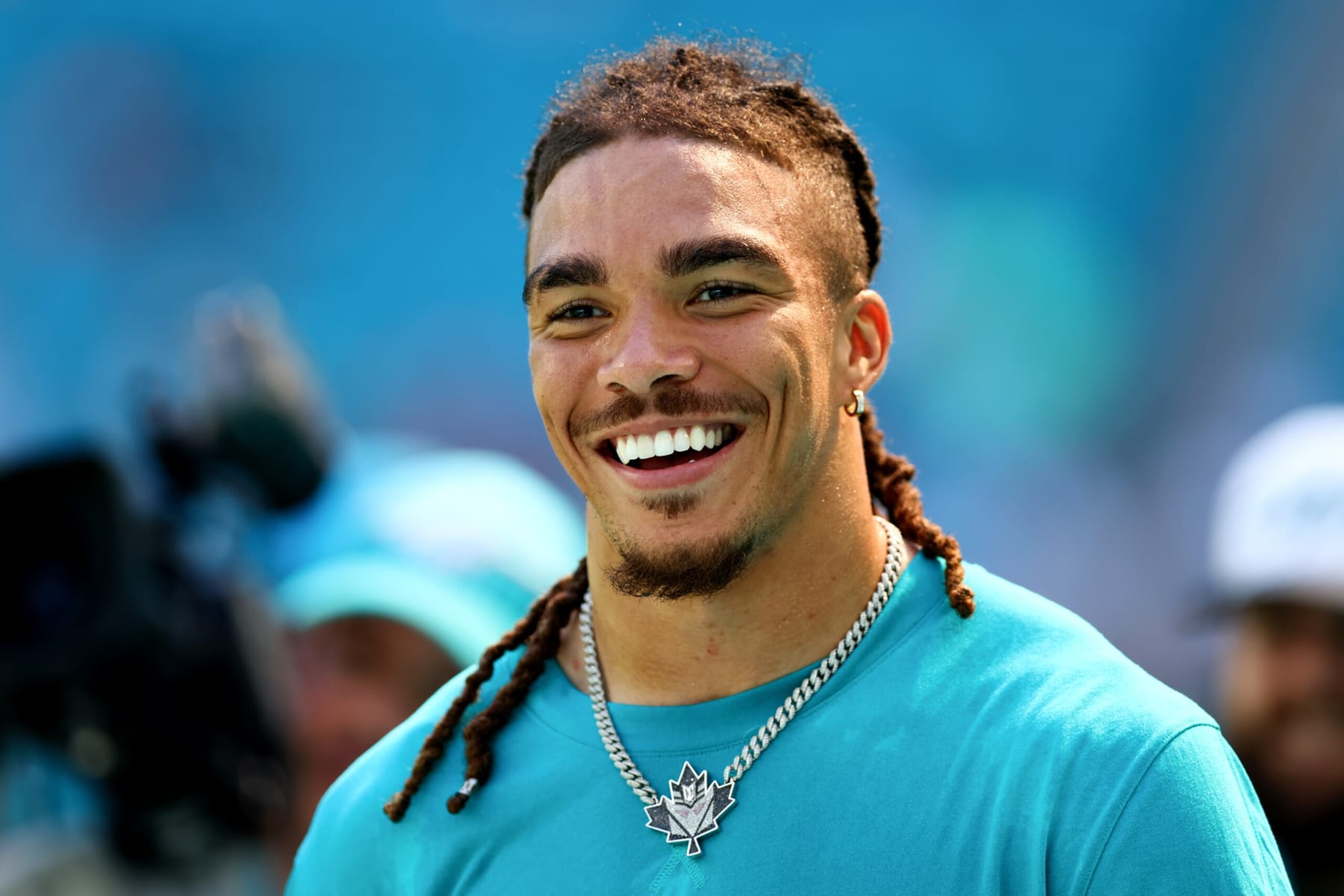 MIAMI GARDENS, FLORIDA - OCTOBER 15: Chase Claypool #84 of the Miami Dolphins looks on prior to a game against the Carolina Panthers at Hard Rock Stadium on October 15, 2023 in Miami Gardens, Florida. (Photo by Megan Briggs/Getty Images)