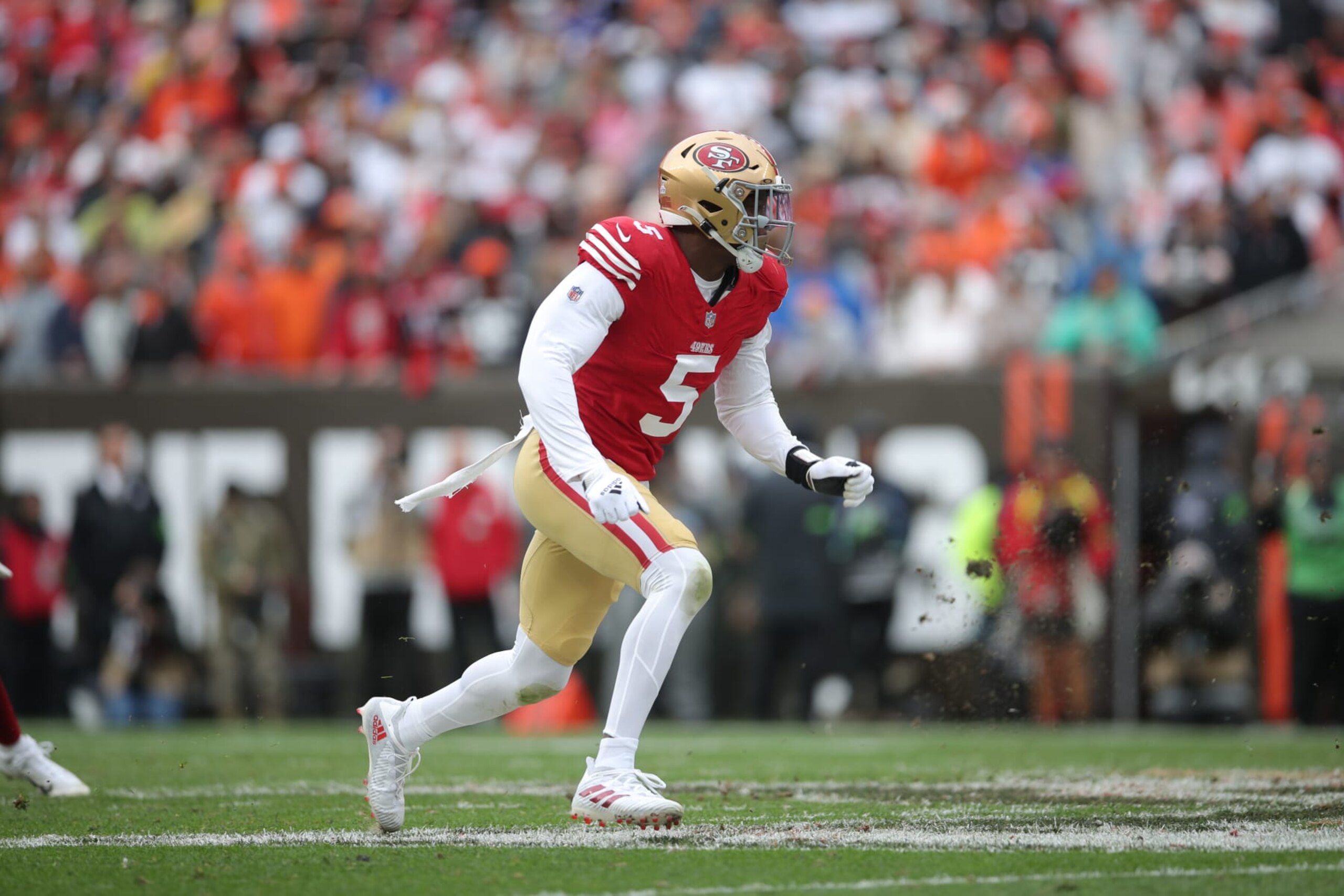 CLEVELAND, OH - OCTOBER 15: Randy Gregory #5 of the San Francisco 49ers rushes the quarterback during the game against the Cleveland Browns at Cleveland Browns Stadium on October 15, 2023 in Cleveland, Ohio. The Browns defeated the 49ers 19-17. (Photo by Michael Zagaris/San Francisco 49ers/Getty Images)