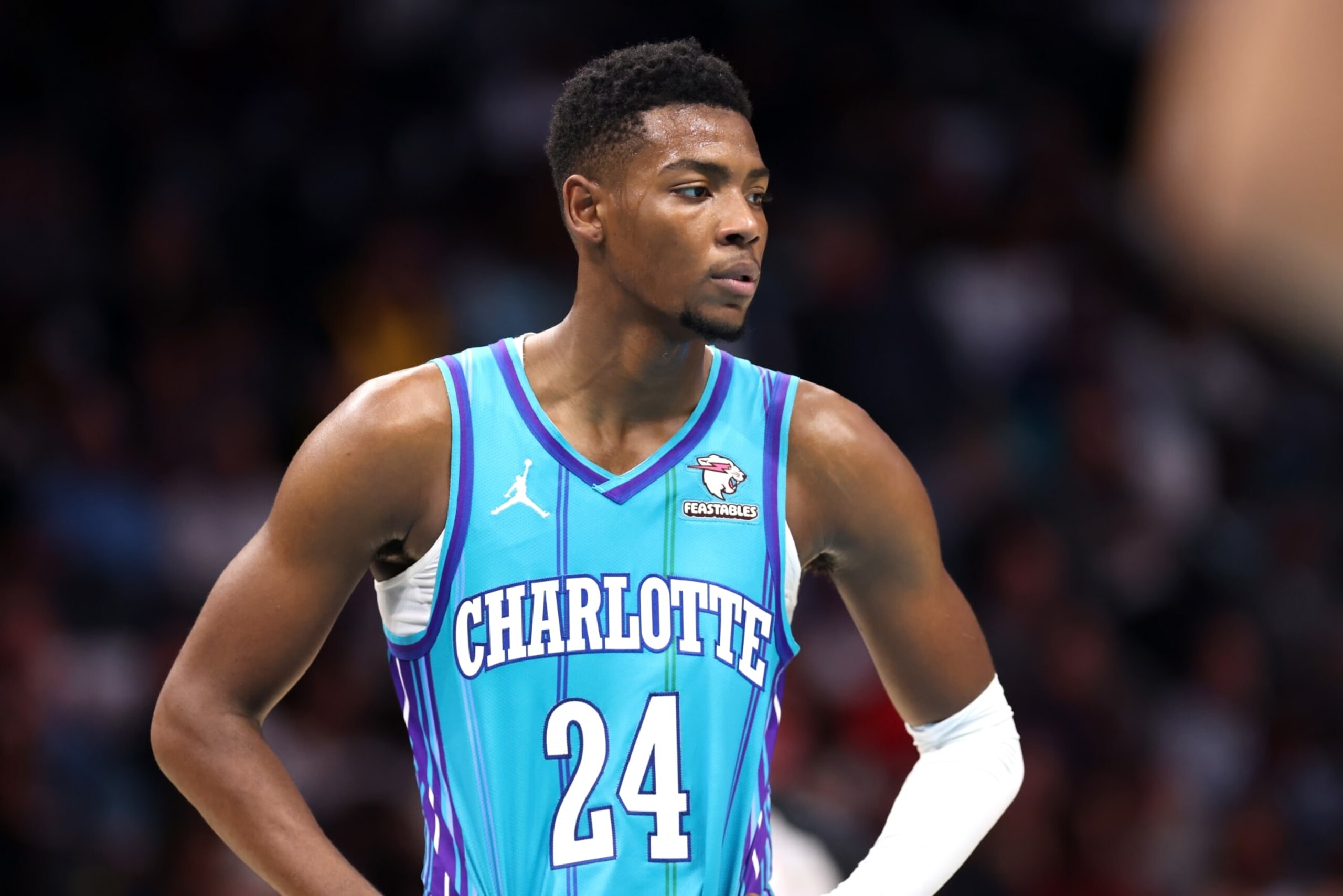 CHARLOTTE, NORTH CAROLINA - OCTOBER 25: Brandon Miller #24 of the Charlotte Hornets looks on during the first half of a basketball game against the Atlanta Hawks at Spectrum Center on October 25, 2023 in Charlotte, North Carolina. NOTE TO USER: User expressly acknowledges and agrees that, by downloading and or using this photograph, User is consenting to the terms and conditions of the Getty Images License Agreement. (Photo by David Jensen/Getty Images)