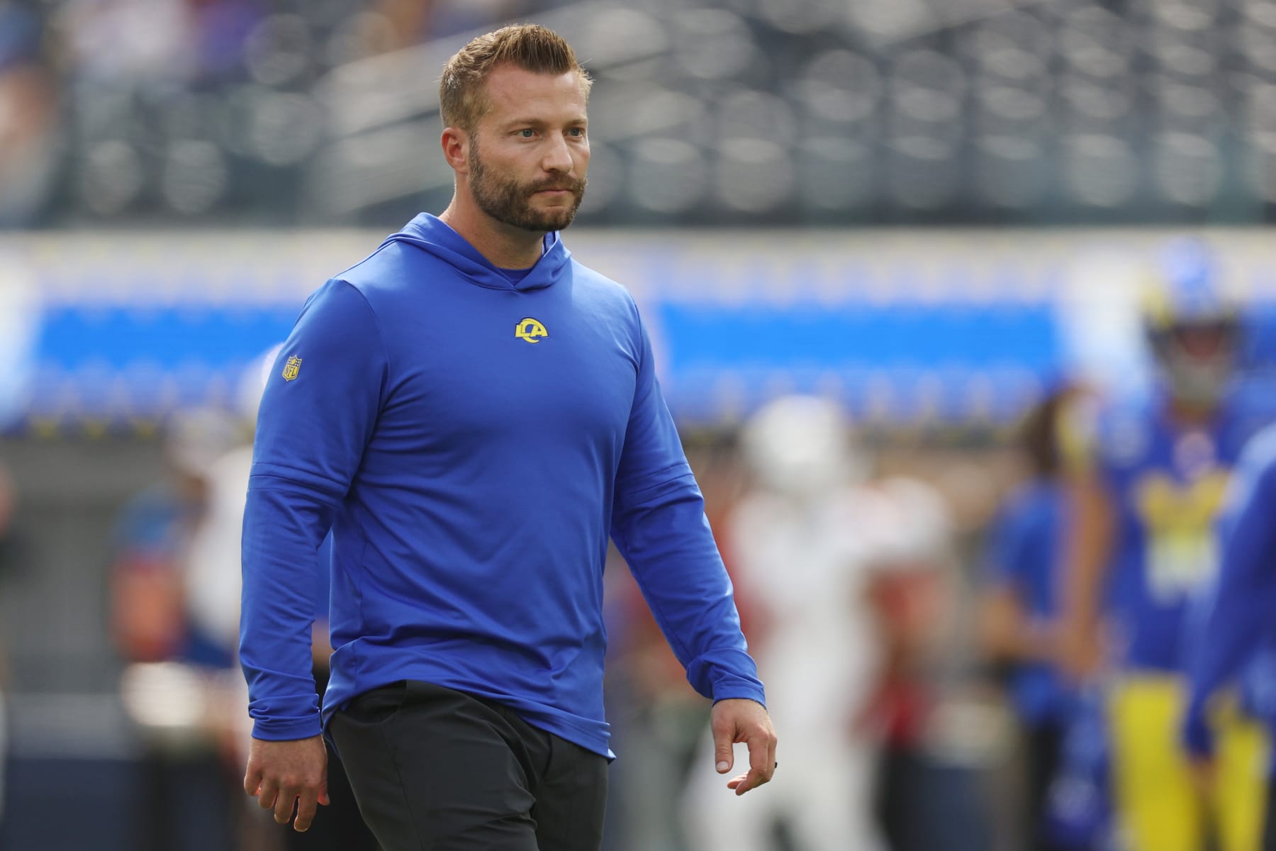 INGLEWOOD, CALIFORNIA - OCTOBER 15: Los Angeles Rams head coach Sean McVay walks the field before the game against the Arizona Cardinals at SoFi Stadium on October 15, 2023 in Inglewood, California. (Photo by Harry How/Getty Images)