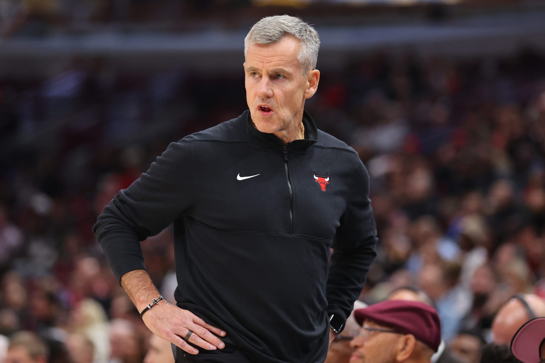 CHICAGO, ILLINOIS - OCTOBER 17: Head coach Billy Donovan of the Chicago Bulls looks on against the Toronto Raptors during the first half at the United Center on October 17, 2023 in Chicago, Illinois. NOTE TO USER: User expressly acknowledges and agrees that, by downloading and or using this photograph, User is consenting to the terms and conditions of the Getty Images License Agreement.  (Photo by Michael Reaves/Getty Images)