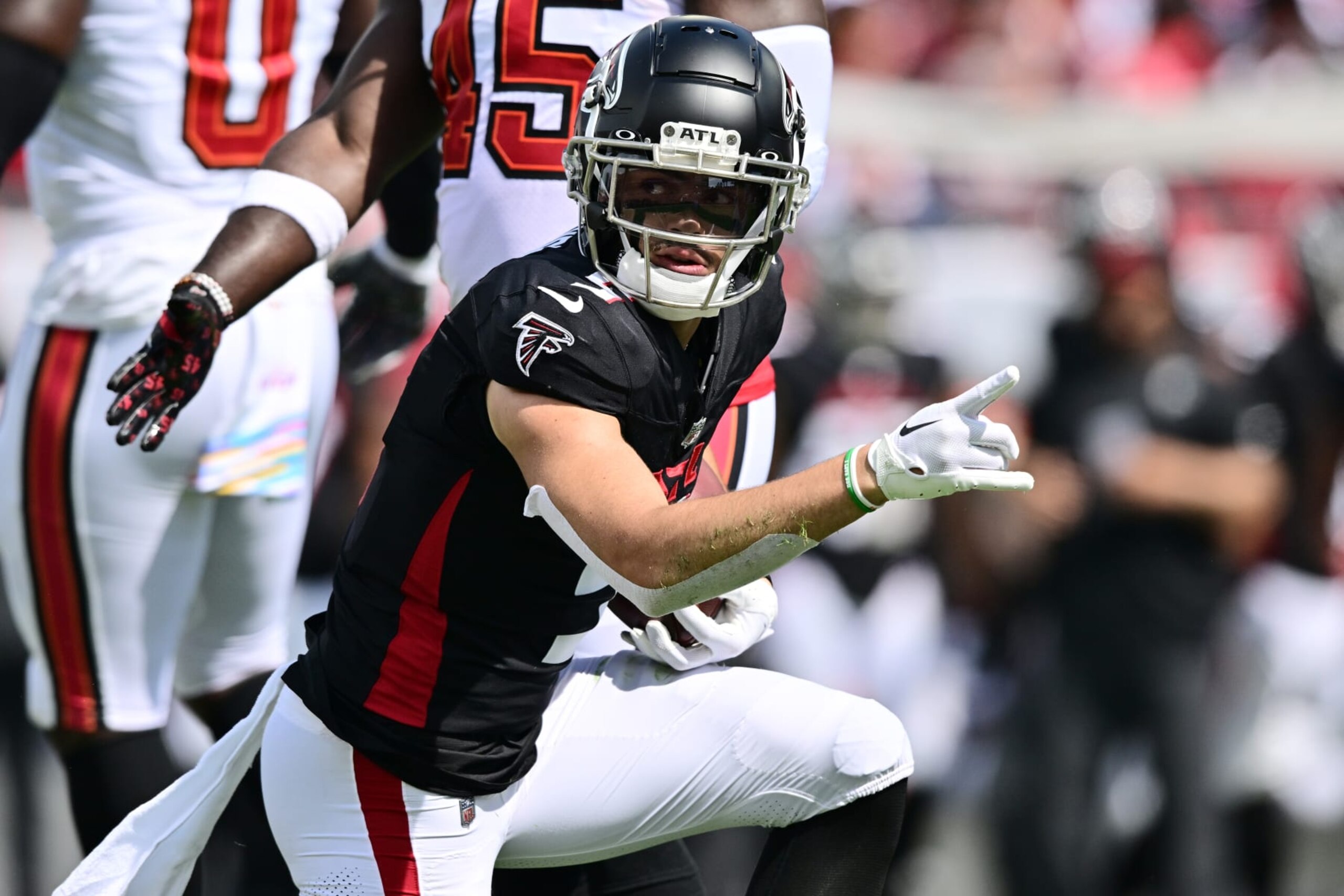 TAMPA, FLORIDA - OCTOBER 22: Drake London #5 of the Atlanta Falcons reacts during the second quarter of the game against the Tampa Bay Buccaneers at Raymond James Stadium on October 22, 2023 in Tampa, Florida. (Photo by Julio Aguilar/Getty Images)