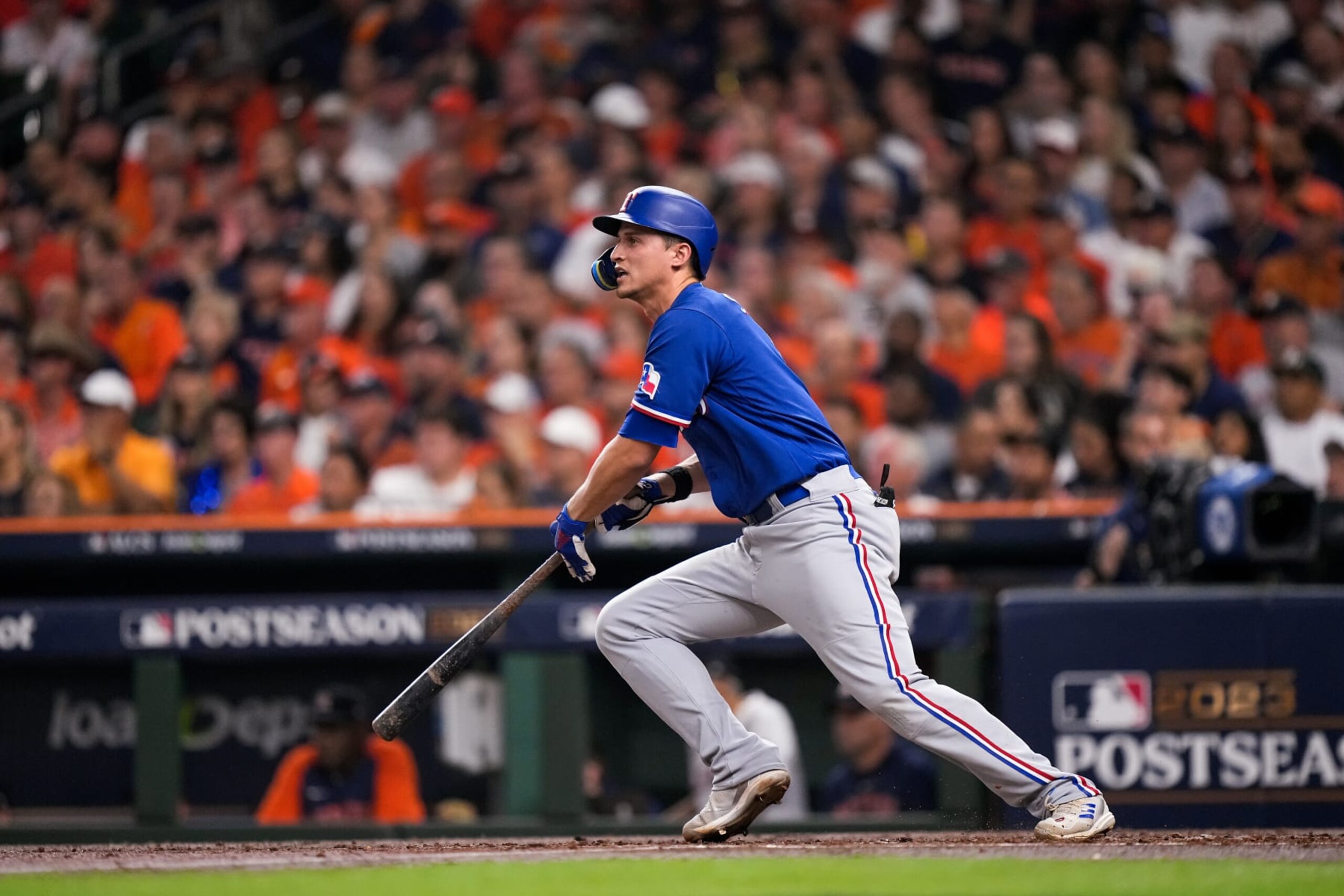 HOUSTON, TX - OCTOBER 23: Corey Seager #5 of the Texas Rangers reacts after batting during Game Seven of the American League Championship Series against the Houston Astros at Minute Maid Park on October 23, 2023 in Houston, Texas. (Photo by Bailey Orr/Texas Rangers/Getty Images)