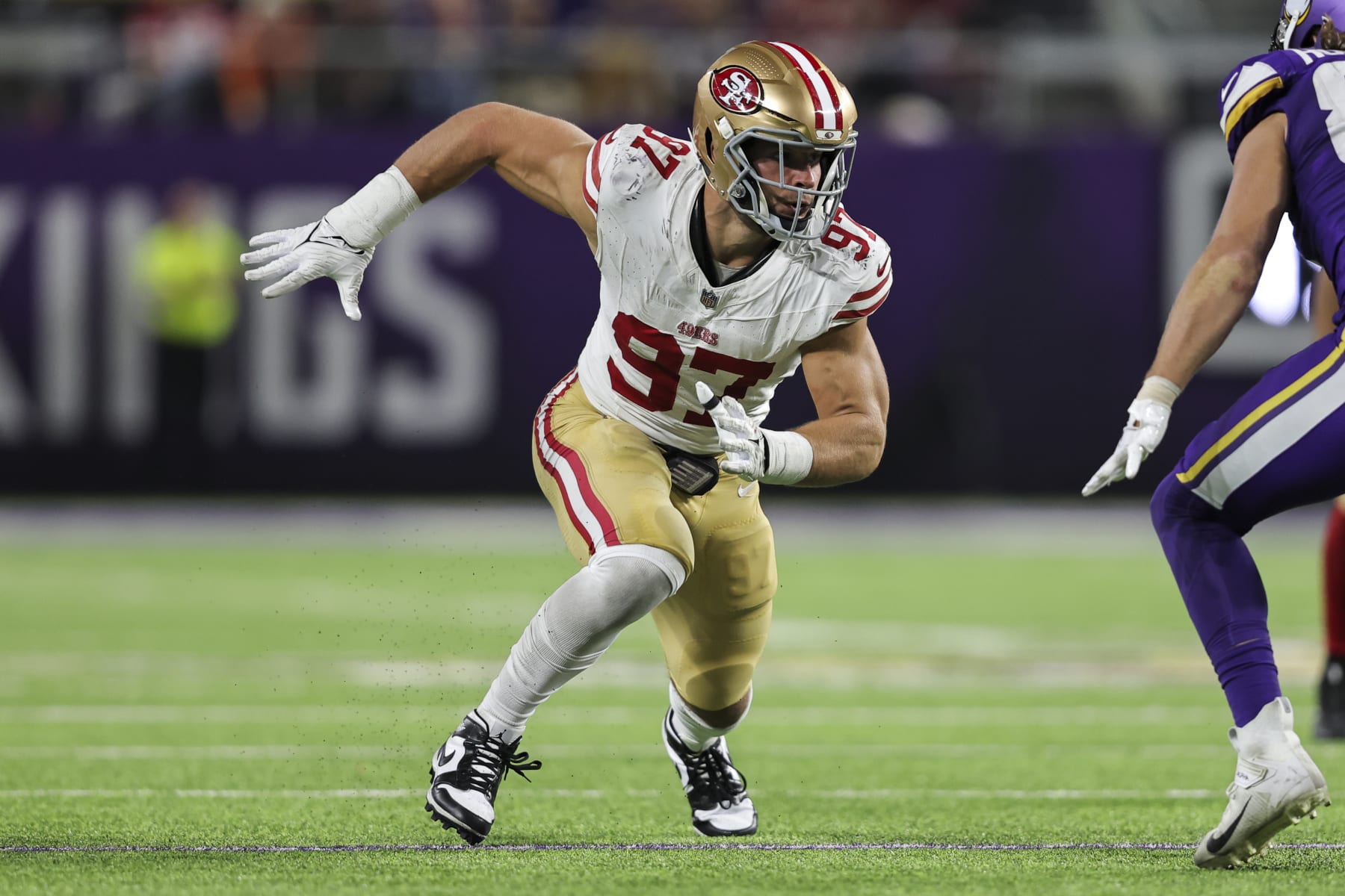MINNEAPOLIS, MINNESOTA - OCTOBER 23: Nick Bosa #97 of the San Francisco 49ers runs around the edge during an NFL football game between the Minnesota Vikings and the San Francisco 49ers at U.S. Bank Stadium on October 23, 2023 in Minneapolis, Minnesota. (Photo by Michael Owens/Getty Images)