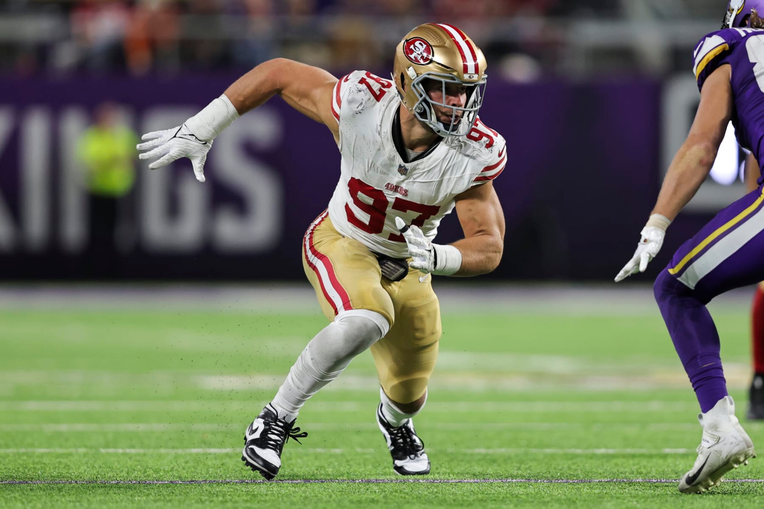 MINNEAPOLIS, MINNESOTA - OCTOBER 23: Nick Bosa #97 of the San Francisco 49ers runs around the edge during an NFL football game between the Minnesota Vikings and the San Francisco 49ers at U.S. Bank Stadium on October 23, 2023 in Minneapolis, Minnesota. (Photo by Michael Owens/Getty Images)
