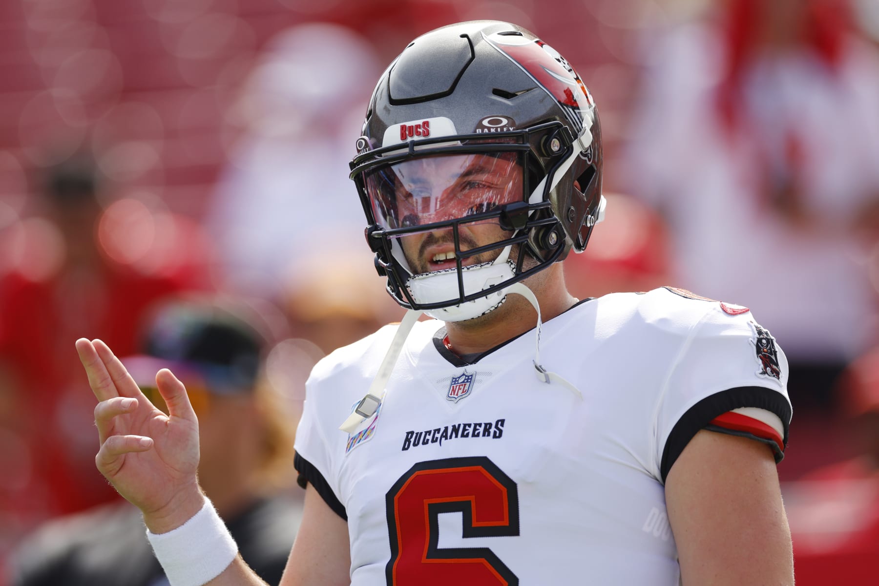 TAMPA, FLORIDA - OCTOBER 22: Baker Mayfield #6 of the Tampa Bay Buccaneers looks on before the game against the Atlanta Falcons at Raymond James Stadium on October 22, 2023 in Tampa, Florida. (Photo by Mike Ehrmann/Getty Images)