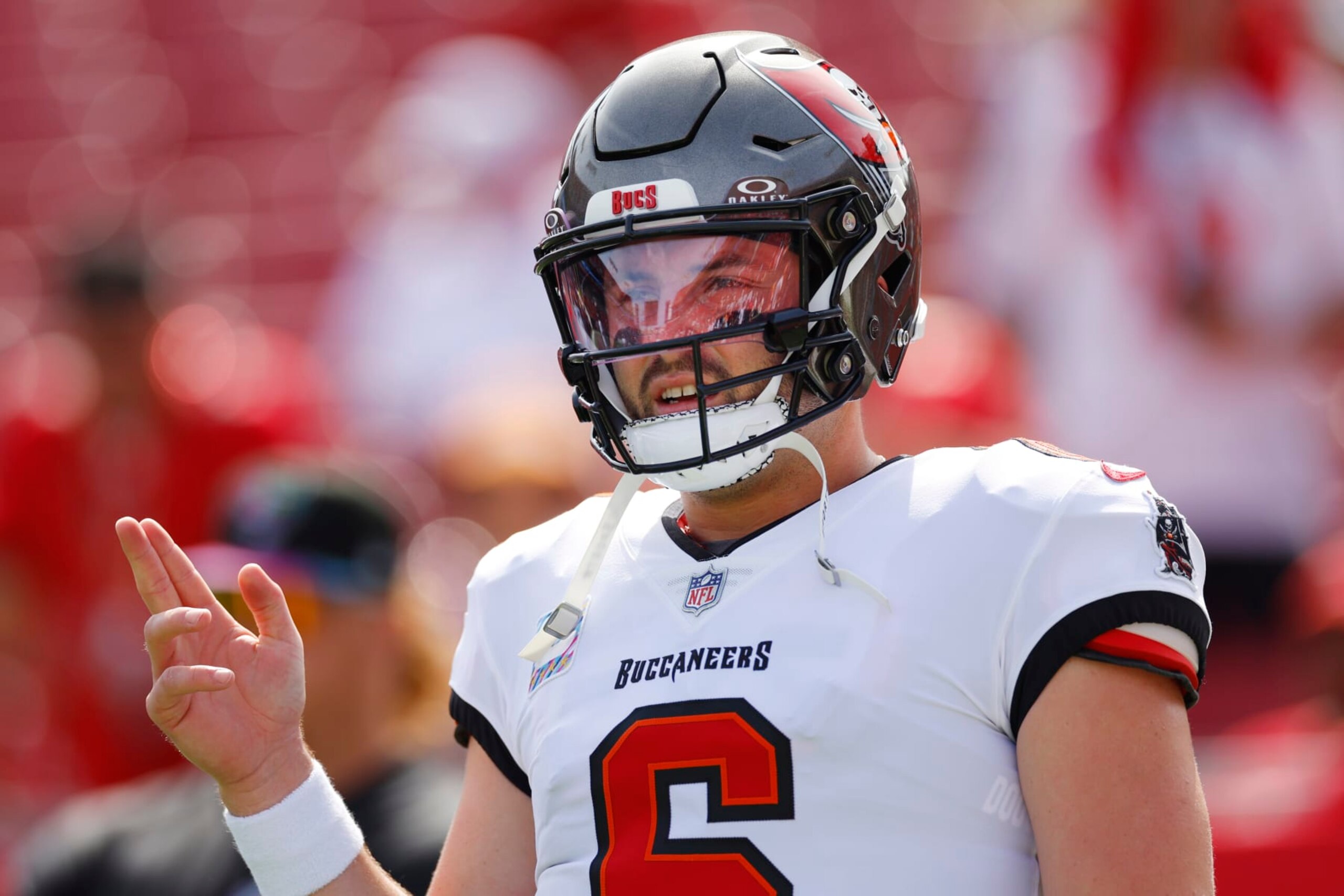 TAMPA, FLORIDA - OCTOBER 22: Baker Mayfield #6 of the Tampa Bay Buccaneers looks on before the game against the Atlanta Falcons at Raymond James Stadium on October 22, 2023 in Tampa, Florida. (Photo by Mike Ehrmann/Getty Images) TAMPA, FLORIDA - OCTOBER 22: Baker Mayfield #6 of the Tampa Bay Buccaneers looks on before the game against the Atlanta Falcons at Raymond James Stadium on October 22, 2023 in Tampa, Florida. (Photo by Mike Ehrmann/Getty Images)