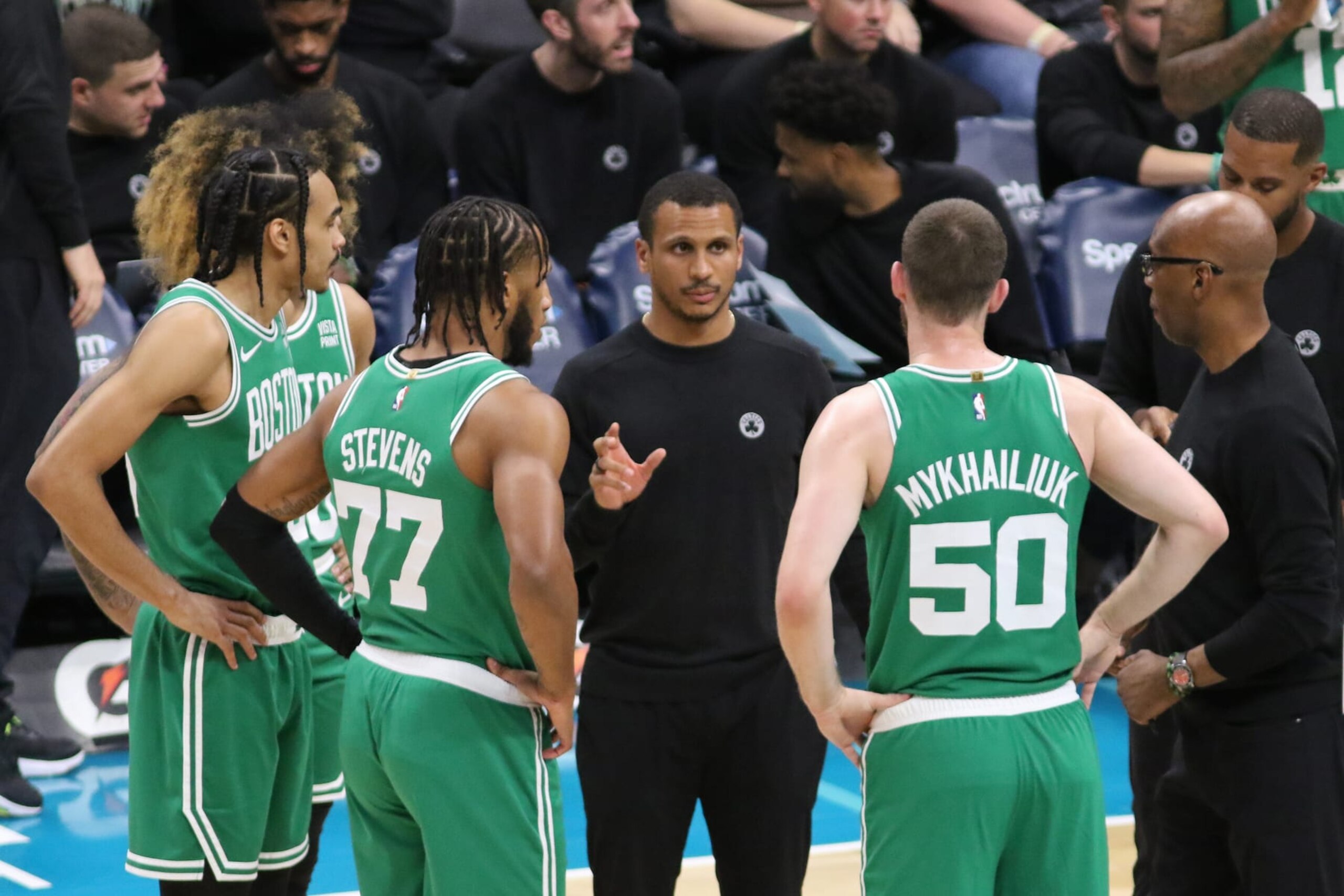 CHARLOTTE, NC - OCTOBER 19: Head Coach Joe Mazzulla of the Boston Celtics coaches during the game against the Charlotte Hornets on October 19, 2023 at Spectrum Center in Charlotte, North Carolina. NOTE TO USER: User expressly acknowledges and agrees that, by downloading and or using this photograph, User is consenting to the terms and conditions of the Getty Images License Agreement.  Mandatory Copyright Notice:  Copyright 2023 NBAE (Photo by Brock Williams-Smith/NBAE via Getty Images)