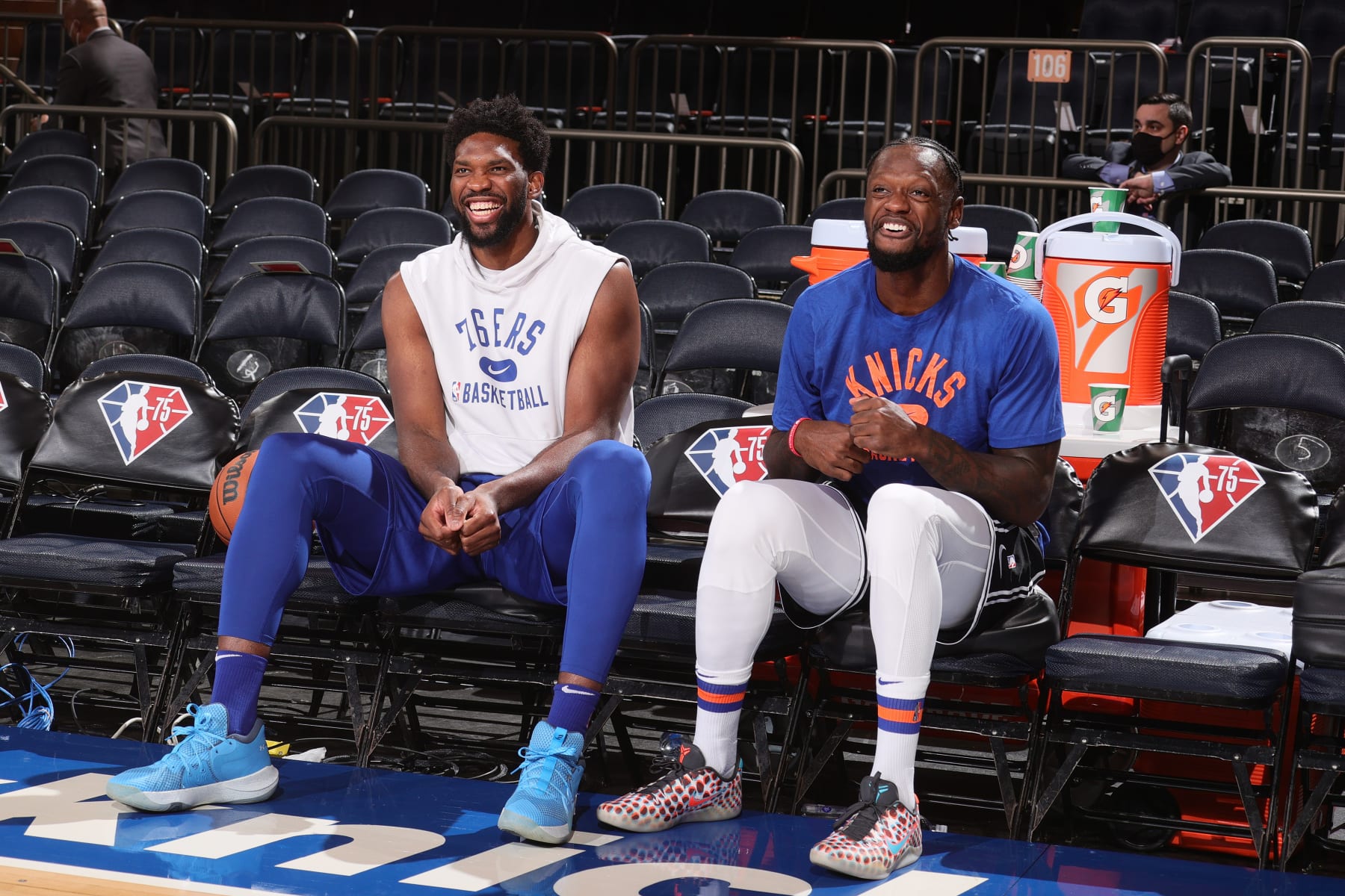 NEW YORK, NY - OCTOBER 26: Joel Embiid #21 of the Philadelphia 76ers and Julius Randle #30 of the New York Knicks prior to the game on October 26, 2021 at Madison Square Garden in New York, New York. NOTE TO USER: User expressly acknowledges and agrees that, by downloading and or using this Photograph, user is consenting to the terms and conditions of the Getty Images License Agreement. Mandatory Copyright Notice: Copyright 2021 NBAE (Photo by Nathaniel S. Butler/NBAE via Getty Images)
