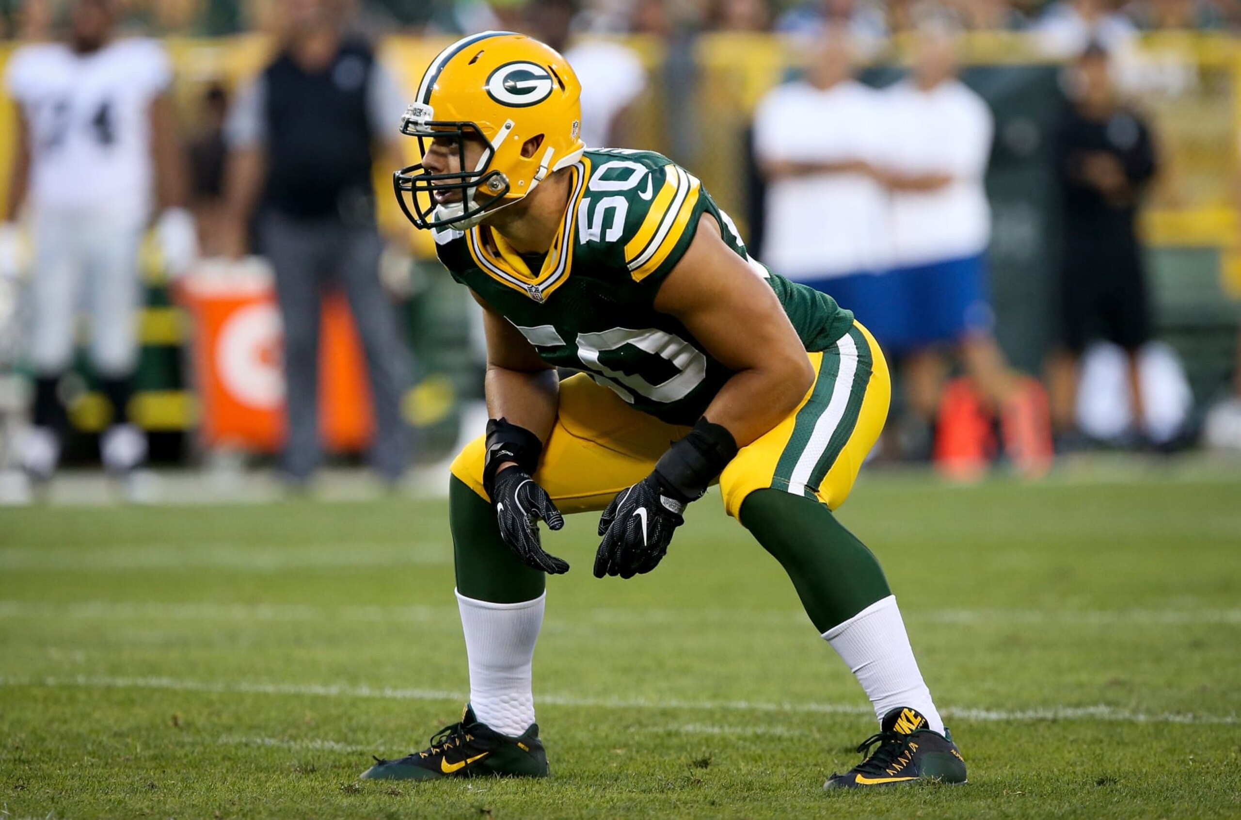 GREEN BAY, WI - AUGUST 18:  Blake Martinez #50 of the Green Bay Packers plays linebacker in the first quarter of a preseason game against the Oakland Raiders at Lambeau Field on August 18, 2016 in Green Bay, Wisconsin. (Photo by Dylan Buell/Getty Images)