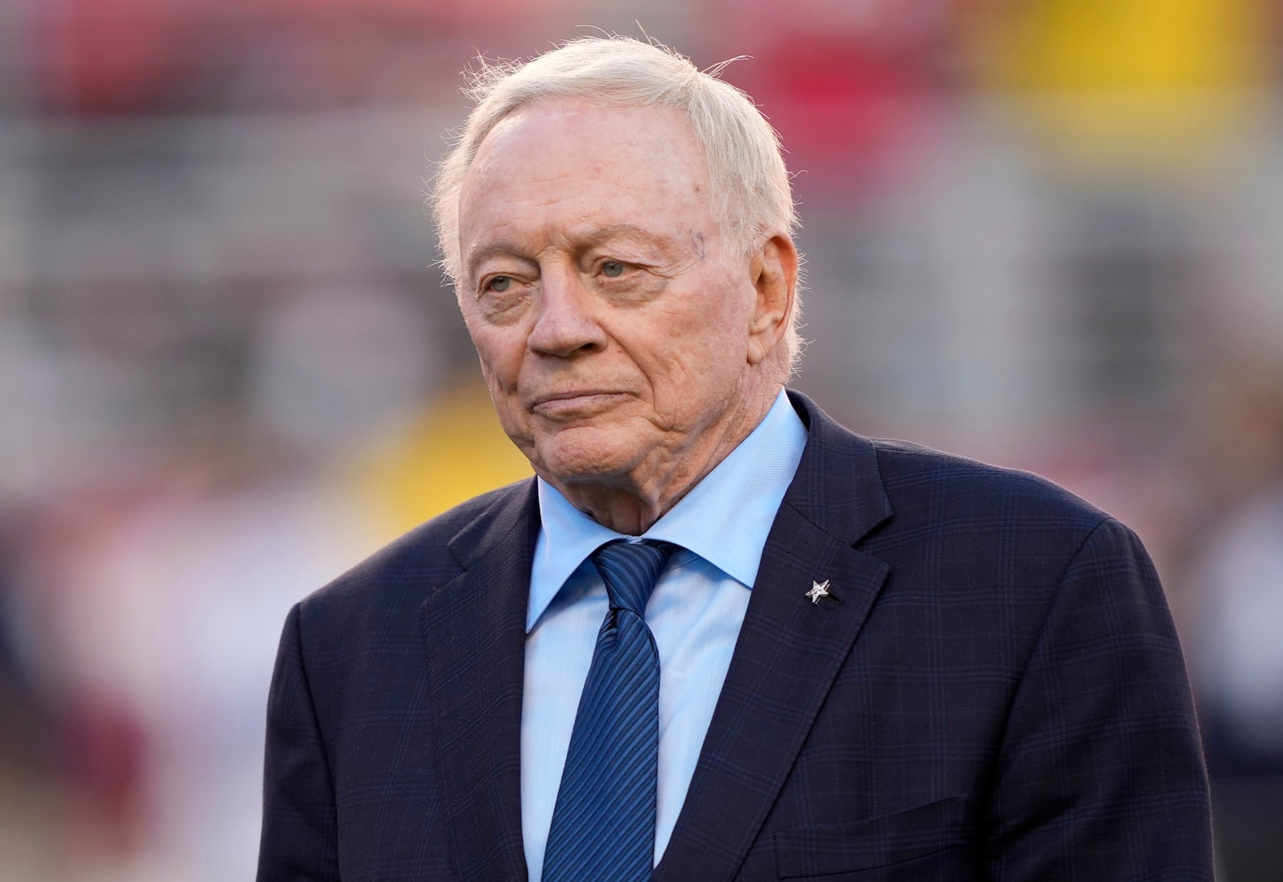 SANTA CLARA, CALIFORNIA - OCTOBER 08: Dallas Cowboys owner Jerry Jones is seen on the field looking on during pregame warm ups prior to a game against the San Francisco 49ers at Levi's Stadium on October 08, 2023 in Santa Clara, California. (Photo by Thearon W. Henderson/Getty Images)