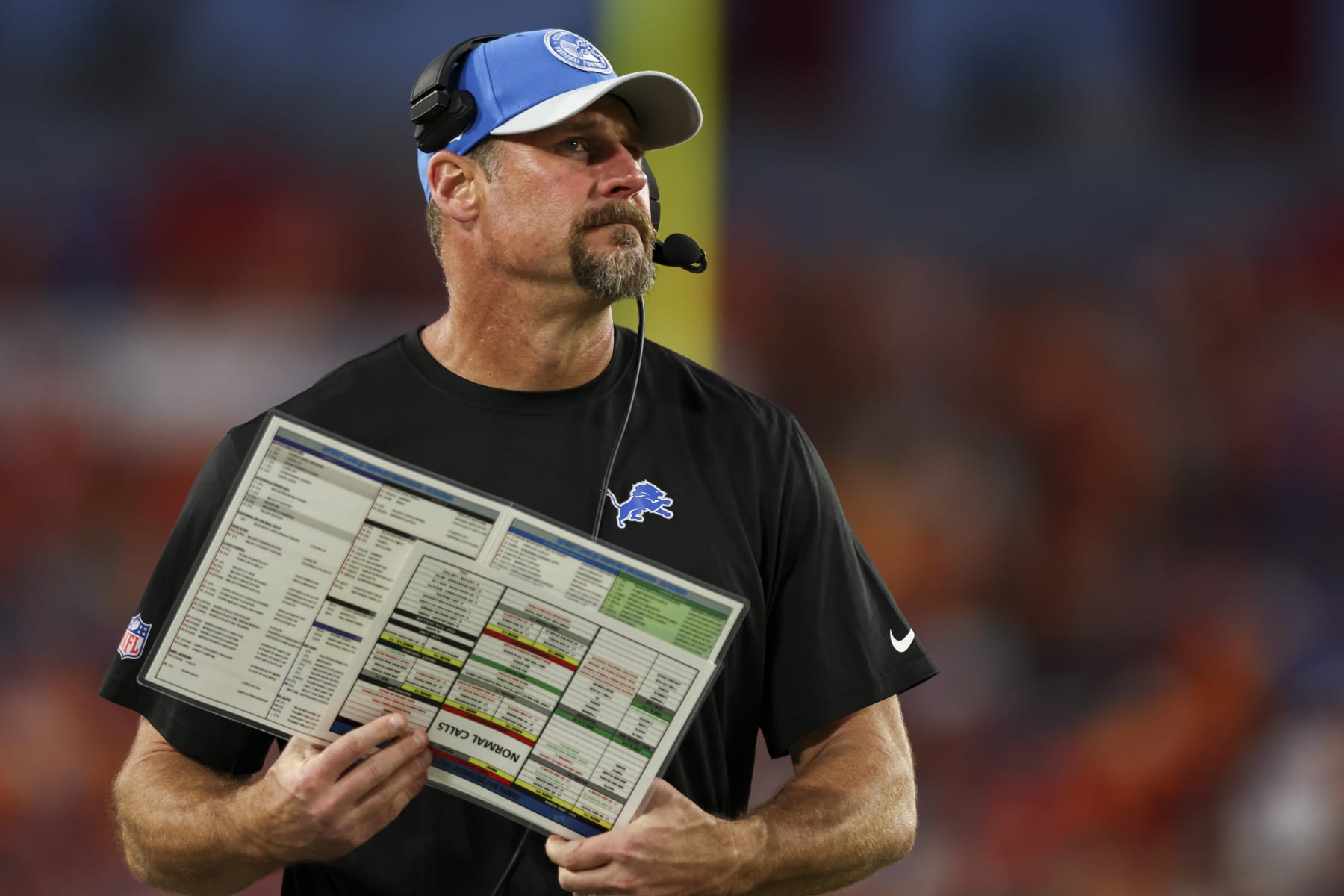 TAMPA, FL - OCTOBER 15: Head coach Dan Campbell of the Detroit Lions looks on during the fourth quarter of an NFL football game against the Tampa Bay Buccaneers at Raymond James Stadium on October 15, 2023 in Tampa, Florida. (Photo by Kevin Sabitus/Getty Images)