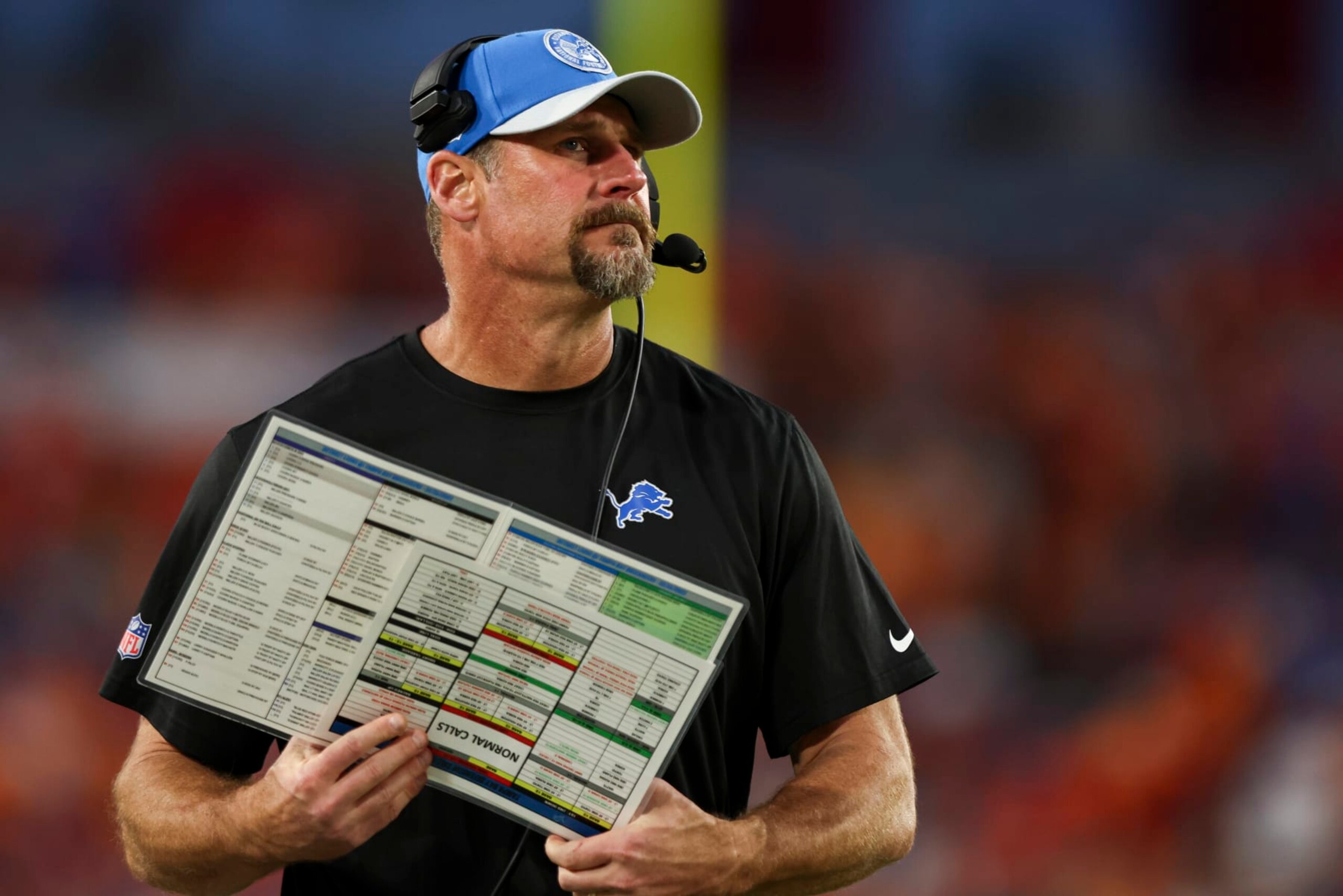 TAMPA, FL - OCTOBER 15: Head coach Dan Campbell of the Detroit Lions looks on during the fourth quarter of an NFL football game against the Tampa Bay Buccaneers at Raymond James Stadium on October 15, 2023 in Tampa, Florida. (Photo by Kevin Sabitus/Getty Images)