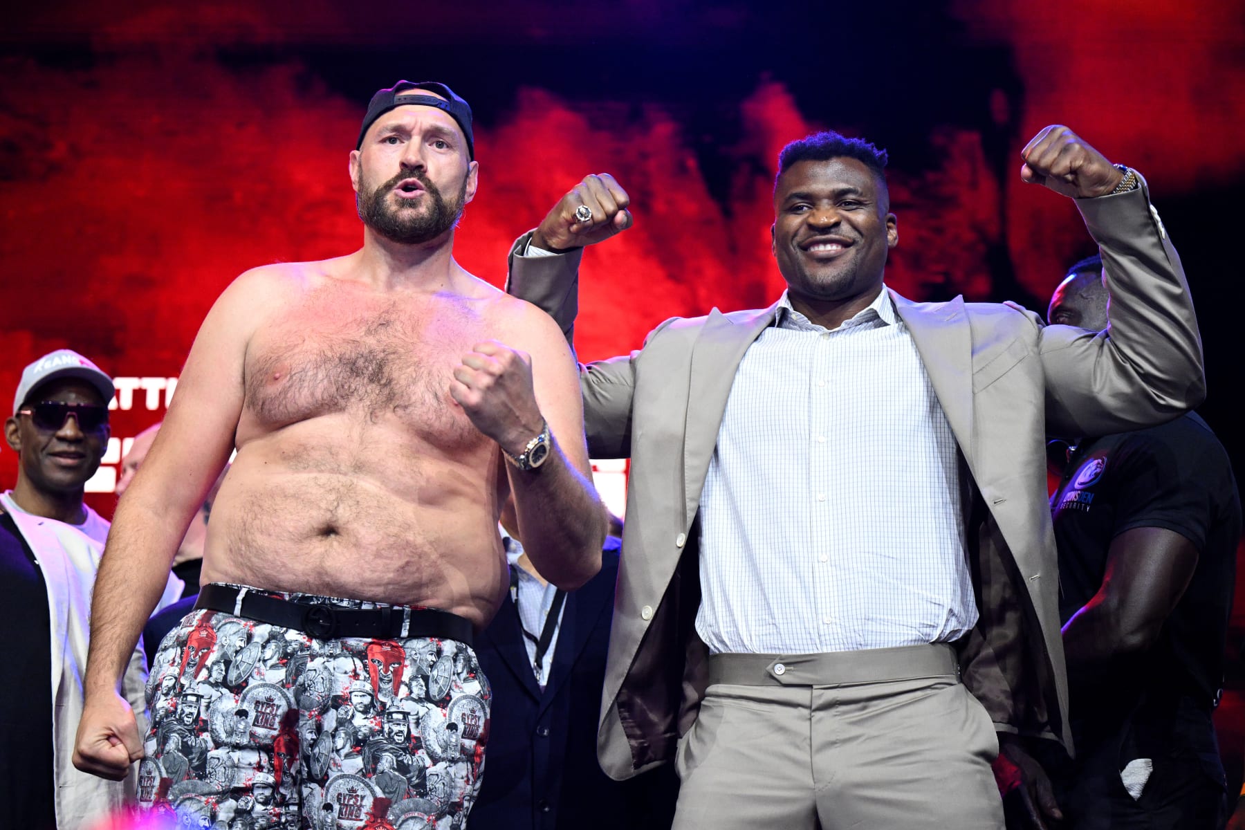 LONDON, ENGLAND - SEPTEMBER 07: Tyson Fury and Francis Ngannou face off during a Tyson Fury v Francis Ngannou Press Conference at HERE on September 07, 2023 in London, England. (Photo by Justin Setterfield/Getty Images)