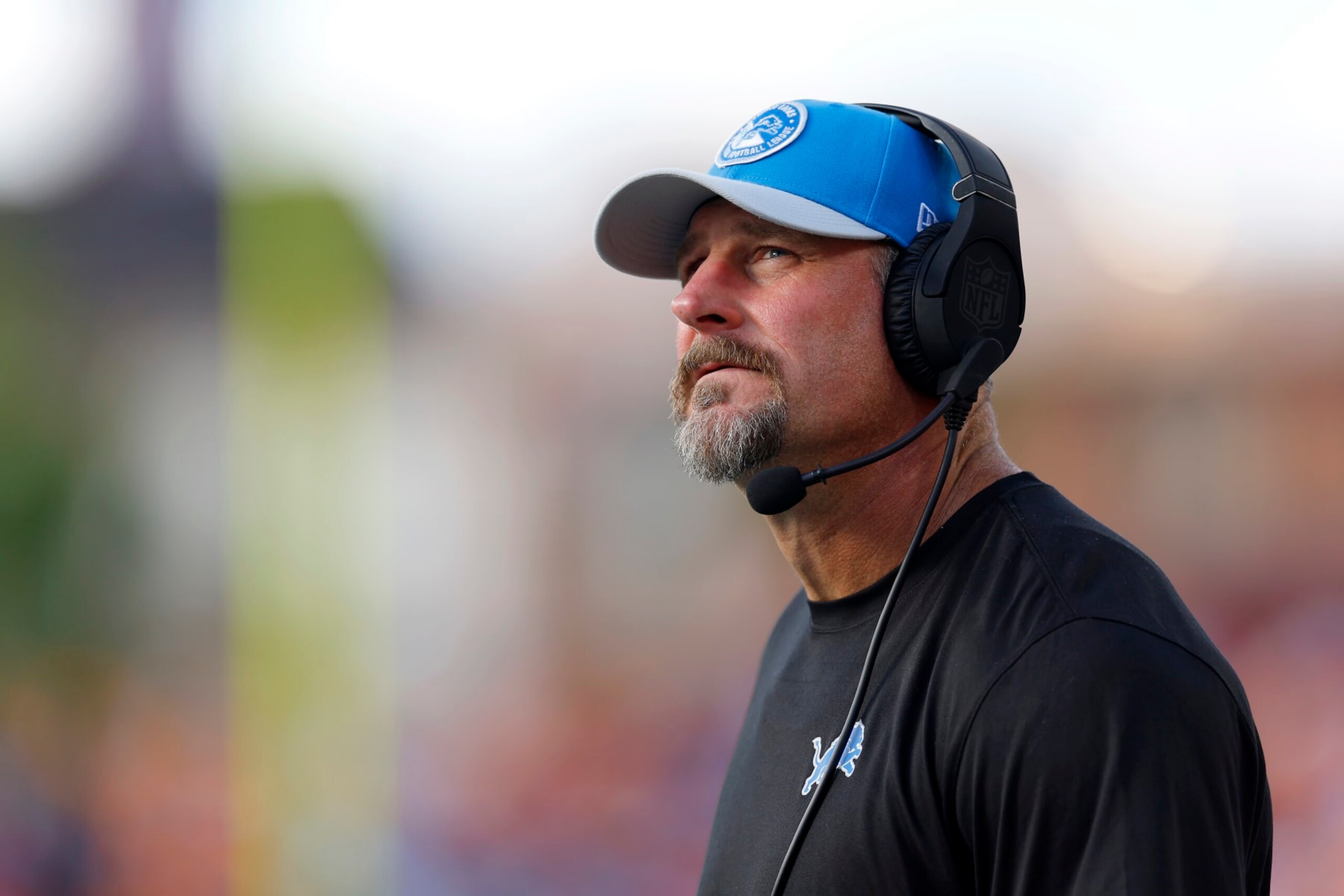 TAMPA, FLORIDA - OCTOBER 15: Head coach Dan Campbell of the Detroit Lions looks on during the first half against the Tampa Bay Buccaneers at Raymond James Stadium on October 15, 2023 in Tampa, Florida. (Photo by Mike Ehrmann/Getty Images)