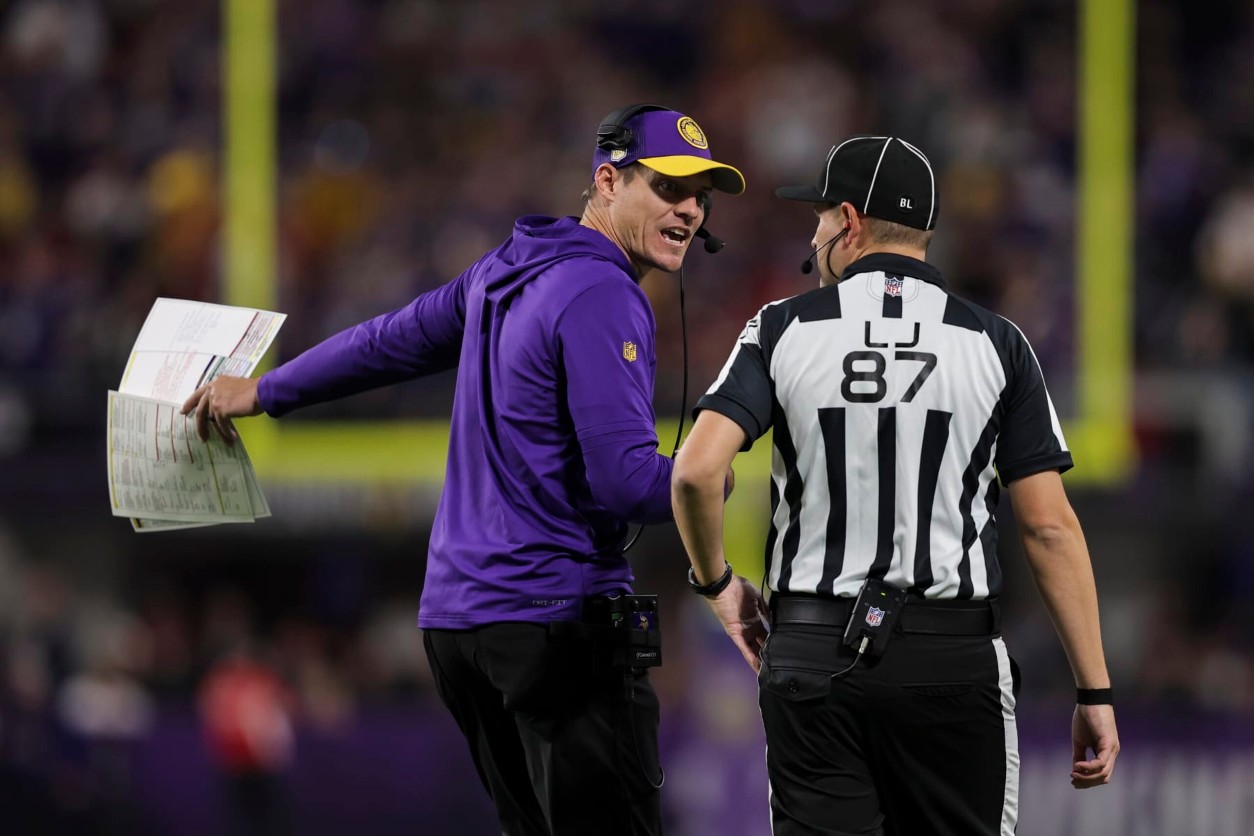 MINNEAPOLIS, MINNESOTA - OCTOBER 23: Head coach Kevin O'Connell of the Minnesota Vikings argues with the referee during an NFL football game between the Minnesota Vikings and the San Francisco 49ers at U.S. Bank Stadium on October 23, 2023 in Minneapolis, Minnesota. (Photo by Michael Owens/Getty Images)