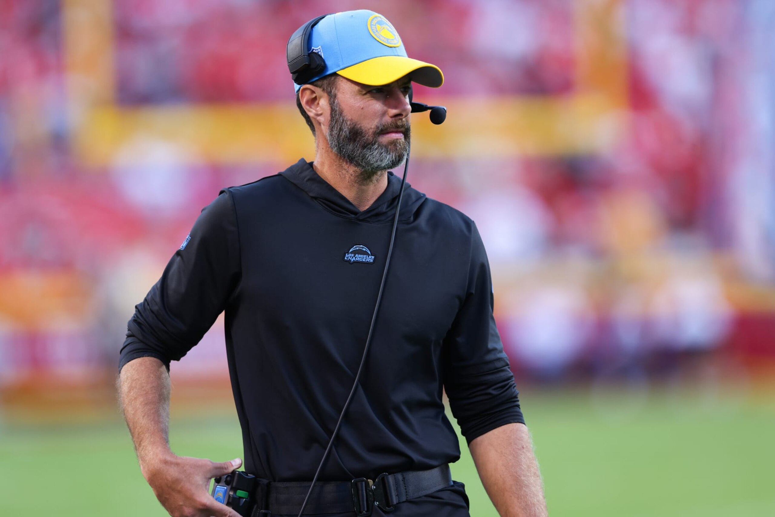 KANSAS CITY, MISSOURI - OCTOBER 22: Los Angeles Chargers head coach Brandon Staley looks on during the second half against the Kansas City Chiefs at GEHA Field at Arrowhead Stadium on October 22, 2023 in Kansas City, Missouri. (Photo by Jamie Squire/Getty Images)