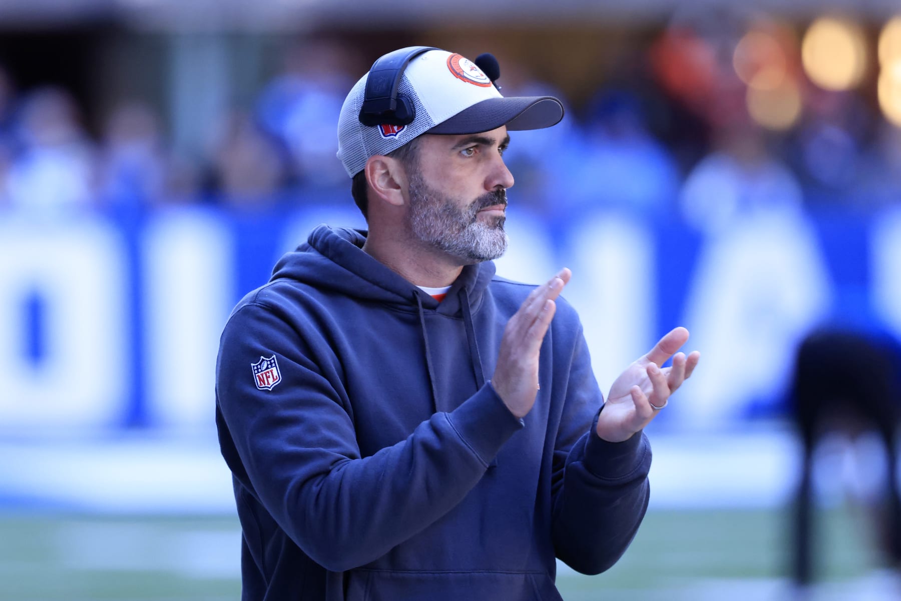 INDIANAPOLIS, INDIANA - OCTOBER 22: Head coach Kevin Stefanski of the Cleveland Browns looks on prior to the game against the Indianapolis Colts at Lucas Oil Stadium on October 22, 2023 in Indianapolis, Indiana. (Photo by Justin Casterline/Getty Images)