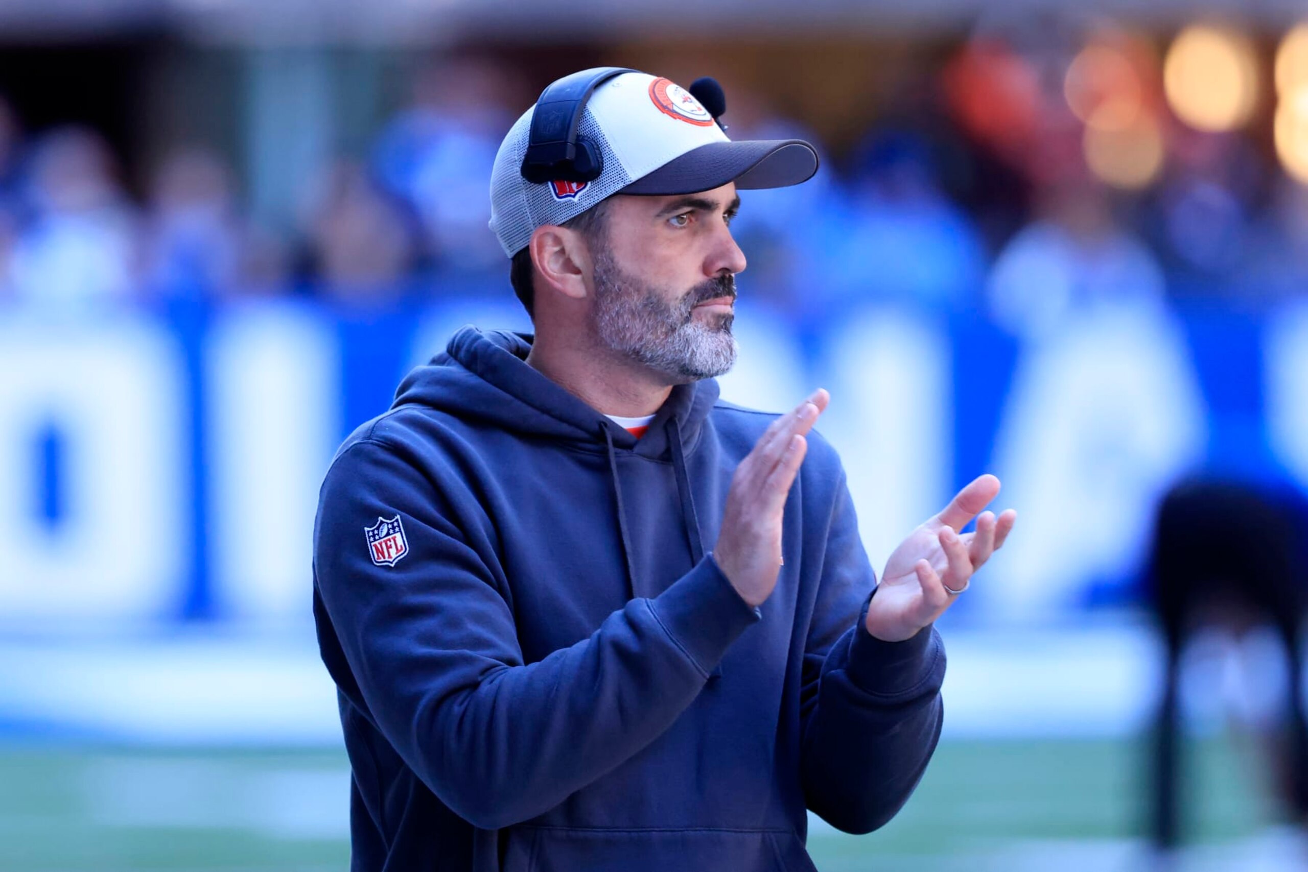 INDIANAPOLIS, INDIANA - OCTOBER 22: Head coach Kevin Stefanski of the Cleveland Browns looks on prior to the game against the Indianapolis Colts at Lucas Oil Stadium on October 22, 2023 in Indianapolis, Indiana. (Photo by Justin Casterline/Getty Images)