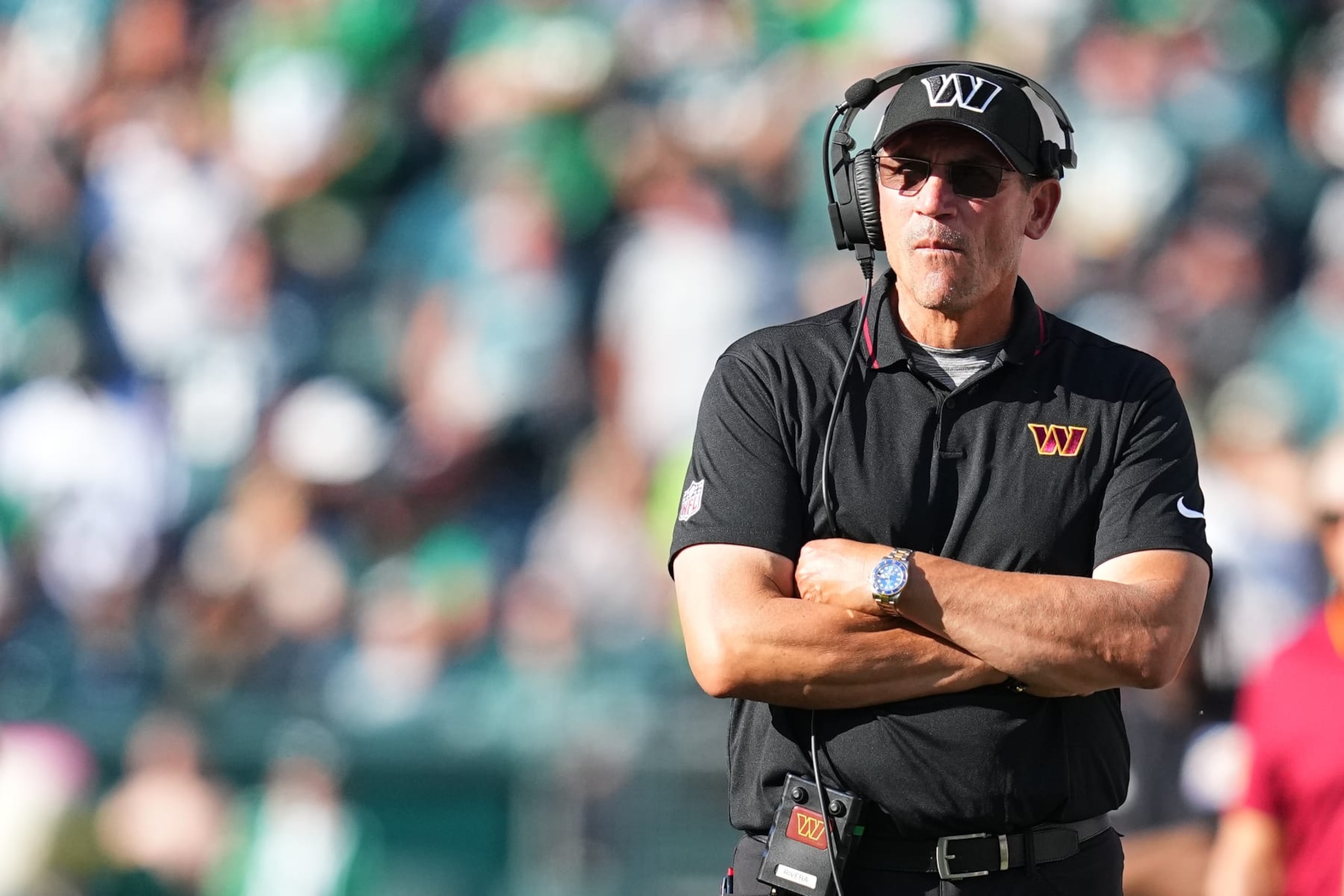 PHILADELPHIA, PENNSYLVANIA - OCTOBER 1: Head coach Ron Rivera of the Washington Commanders looks on against the Philadelphia Eagles at Lincoln Financial Field on October 1, 2023 in Philadelphia, Pennsylvania. (Photo by Mitchell Leff/Getty Images)