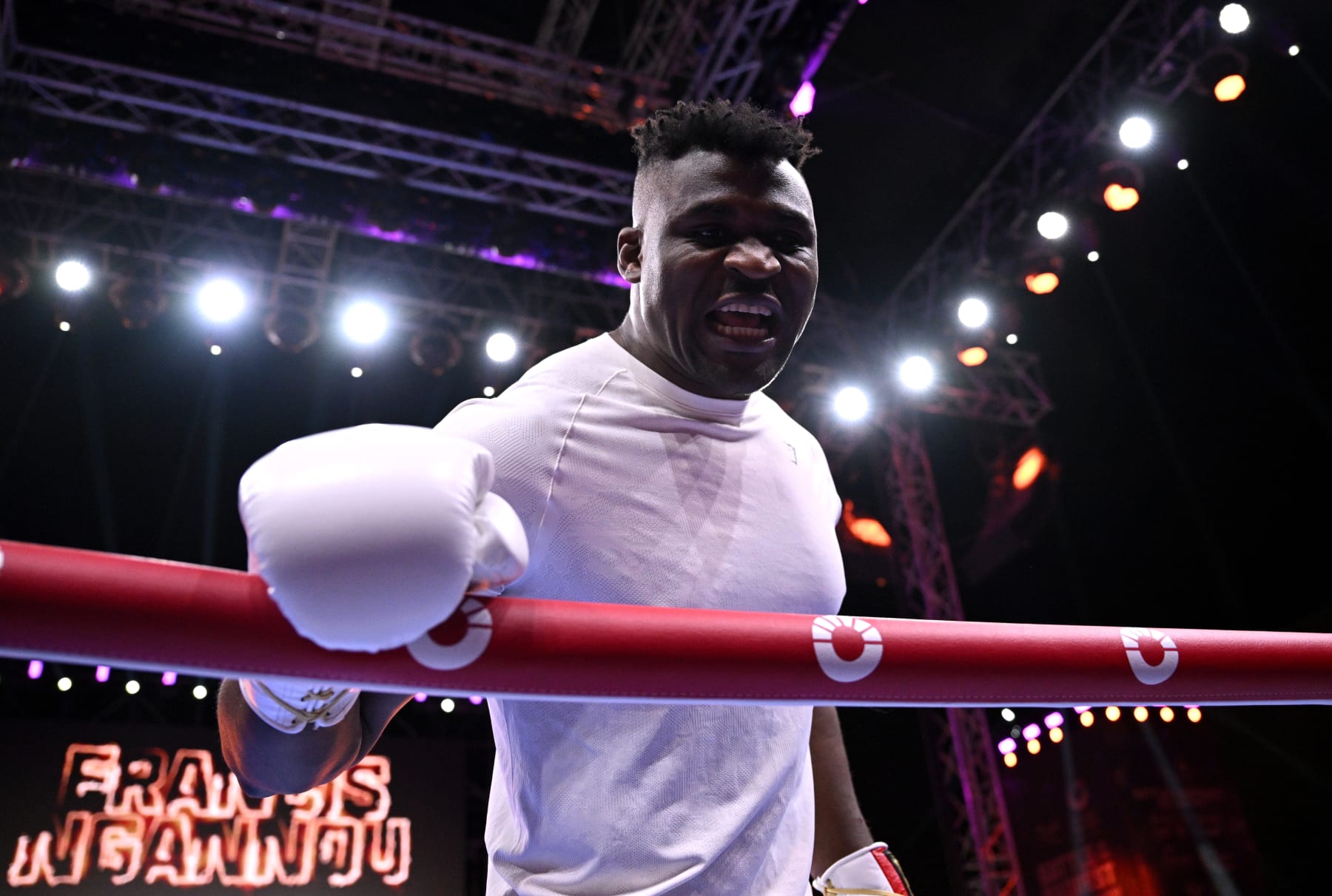 RIYADH, SAUDI ARABIA - OCTOBER 25: Francis Nganno reacts during a public workout ahead of the Tyson Fury v Francis Ngannou boxing match at Boulevard Hall on October 25, 2023 in Riyadh, Saudi Arabia. (Photo by Justin Setterfield/Getty Images)