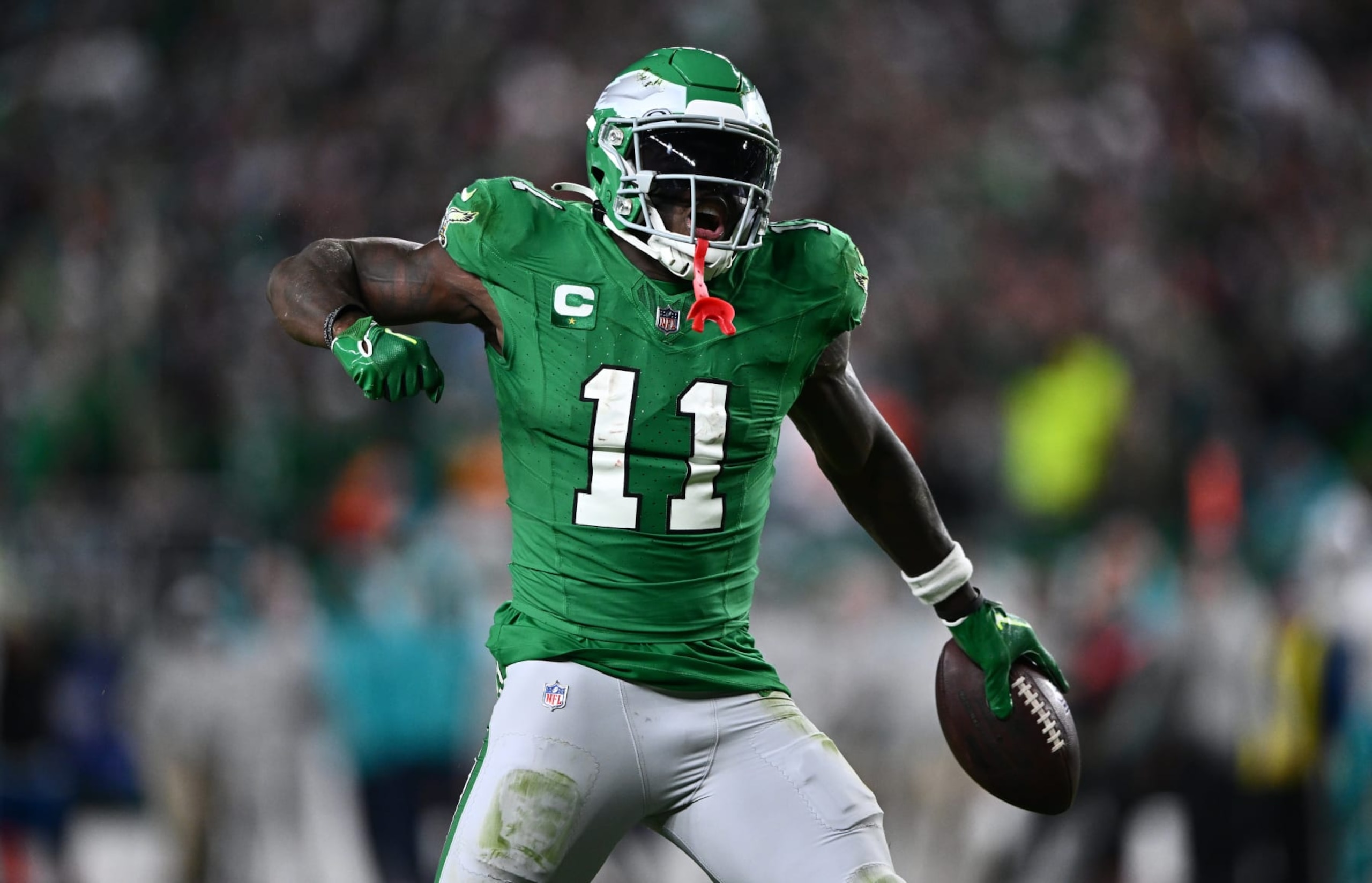 PHILADELPHIA, PA - OCTOBER 22: Philadelphia Eagles Wide Receiver A.J. Brown (11) reacts after a reception in the second half during the game between the Miami Dolphins and Philadelphia Eagles on October 22, 2023 at Lincoln Financial Field in Philadelphia, PA. (Photo by Kyle Ross/Icon Sportswire via Getty Images) PHILADELPHIA, PA - OCTOBER 22: Philadelphia Eagles Wide Receiver A.J. Brown (11) reacts after a reception in the second half during the game between the Miami Dolphins and Philadelphia Eagles on October 22, 2023 at Lincoln Financial Field in Philadelphia, PA. (Photo by Kyle Ross/Icon Sportswire via Getty Images)