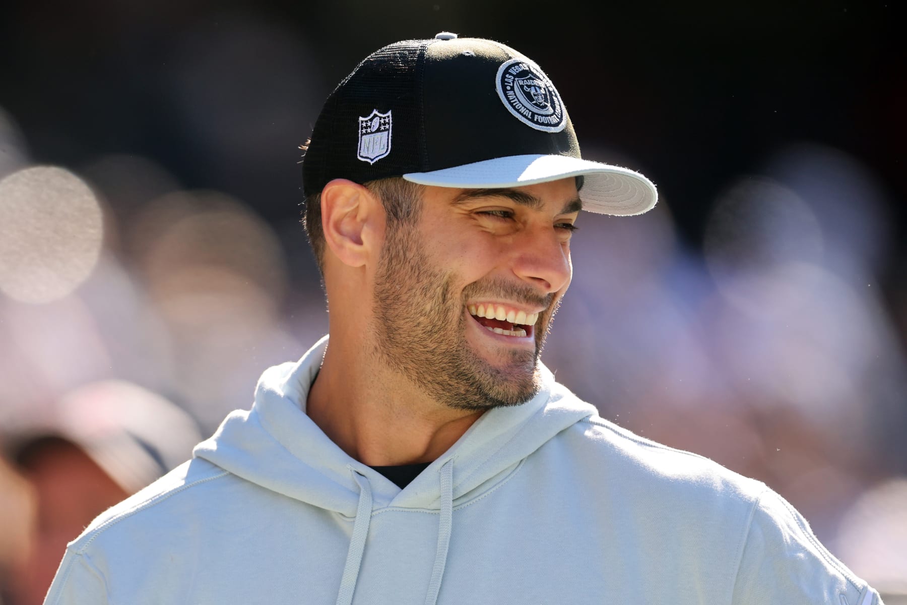 CHICAGO, ILLINOIS - OCTOBER 22: Jimmy Garoppolo #10 of the Las Vegas Raiders walks the field during warm ups before the game against the Chicago Bears at Soldier Field on October 22, 2023 in Chicago, Illinois. (Photo by Michael Reaves/Getty Images)