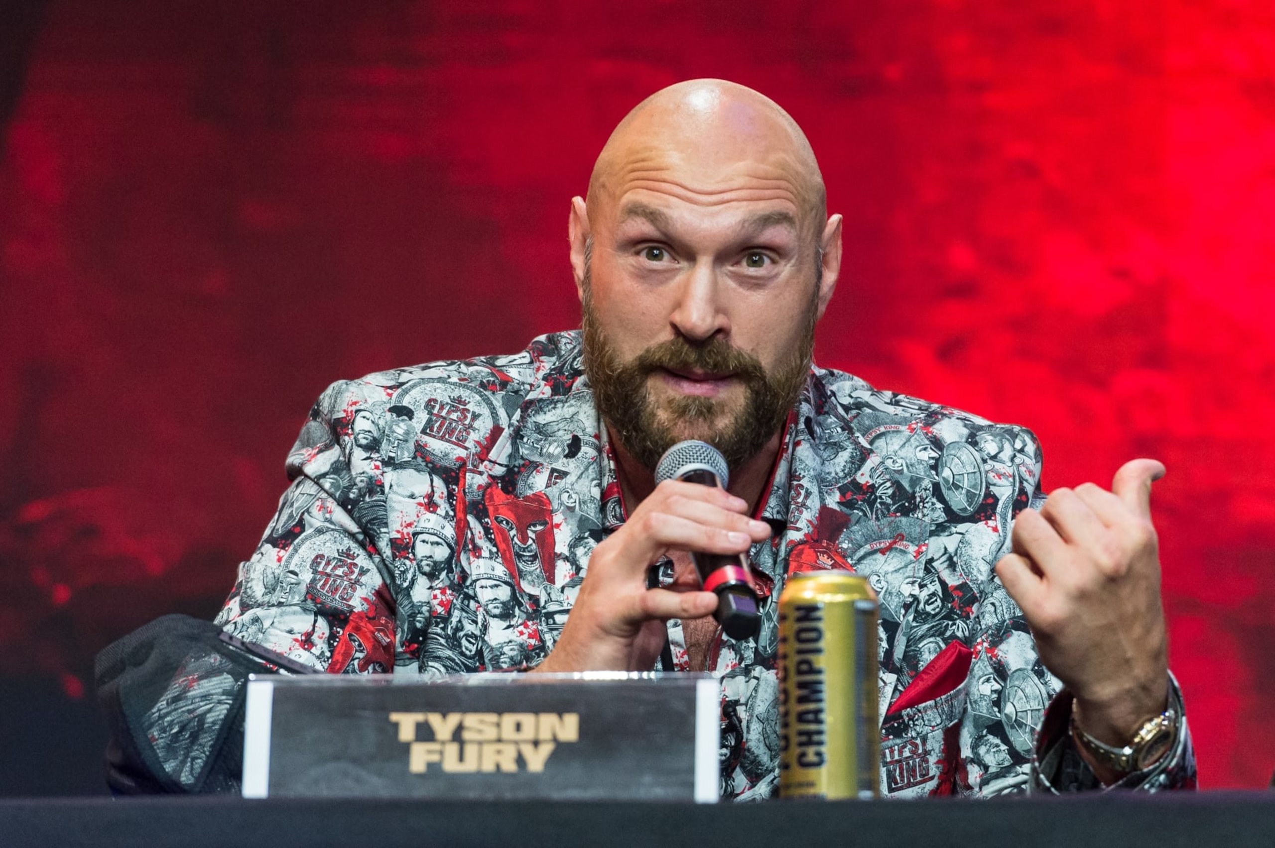 LONDON, UNITED KINGDOM - SEPTEMBER 07: Tyson Fury, lineal & WBC Heavyweight Boxing World Champion speaks during the Tyson Fury vs Francis Ngannou kick-off press conference at the Here at Outernet in London, United Kingdom on September 07, 2023. Fury and Ngannou will take part in a 10-round boxing match on Saturday, October 28th in Riyadh, Saudi Arabia, which will mark the opening of this year's Riyadh Season. (Photo by Wiktor Szymanowicz/Anadolu Agency via Getty Images)