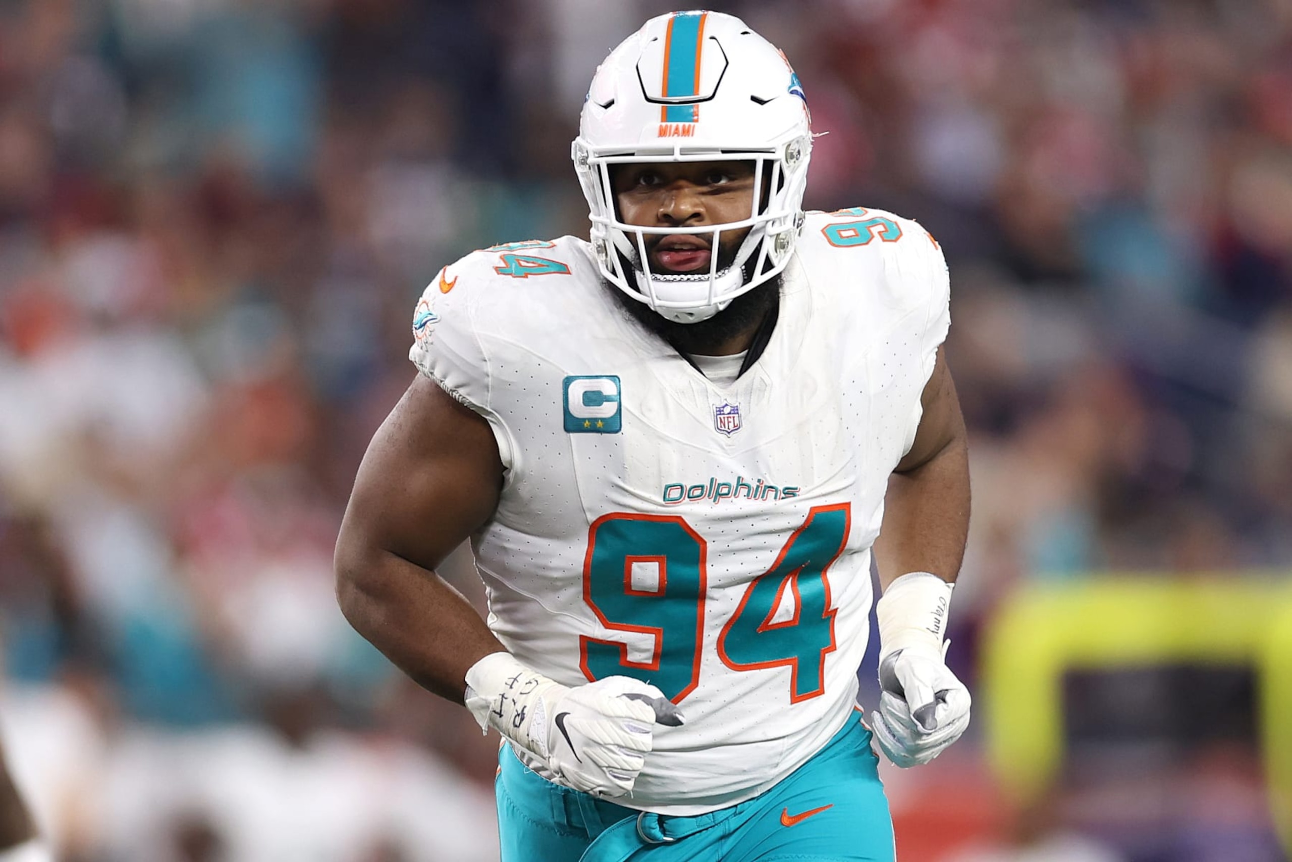 FOXBOROUGH, MASSACHUSETTS - SEPTEMBER 17: Christian Wilkins #94 of the Miami Dolphins looks on during the game against the New England Patriots at Gillette Stadium on September 17, 2023 in Foxborough, Massachusetts. (Photo by Maddie Meyer/Getty Images) FOXBOROUGH, MASSACHUSETTS - SEPTEMBER 17: Christian Wilkins #94 of the Miami Dolphins looks on during the game against the New England Patriots at Gillette Stadium on September 17, 2023 in Foxborough, Massachusetts. (Photo by Maddie Meyer/Getty Images)