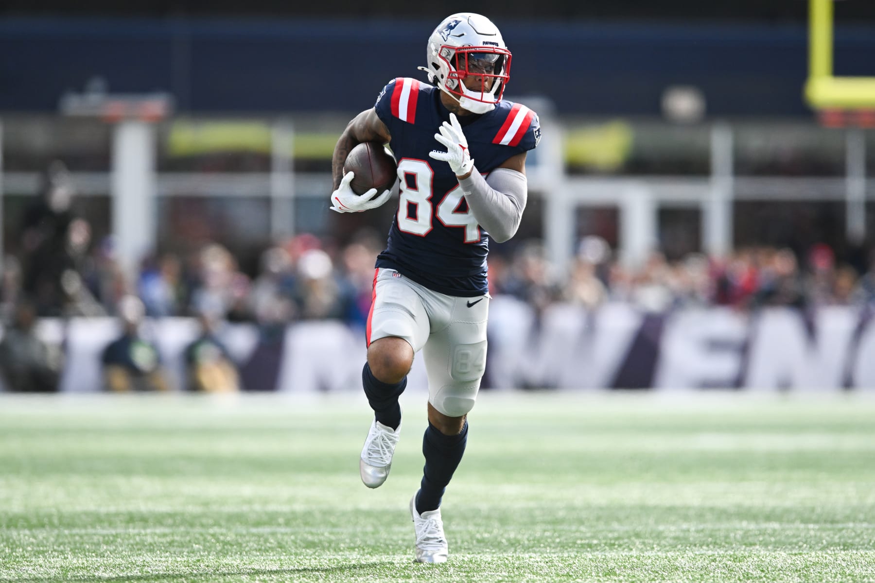 FOXBORO, MA - OCTOBER 22: Kendrick Bourne #84 of the New England Patriots runs with the football during the first half against the Buffalo Bills at Gillette Stadium on October 22, 2023 in Foxboro, Massachusetts. (Photo by Kathryn Riley/Getty Images)