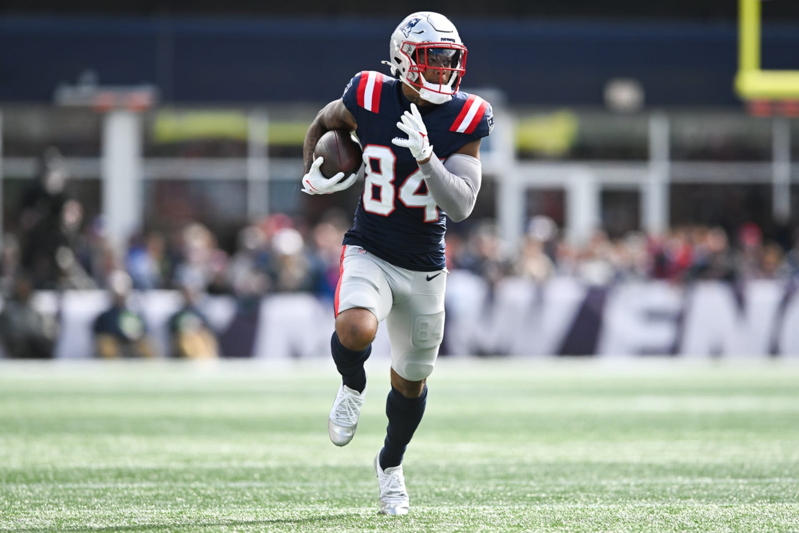 FOXBORO, MA - OCTOBER 22: Kendrick Bourne #84 of the New England Patriots runs with the football during the first half against the Buffalo Bills at Gillette Stadium on October 22, 2023 in Foxboro, Massachusetts. (Photo by Kathryn Riley/Getty Images)