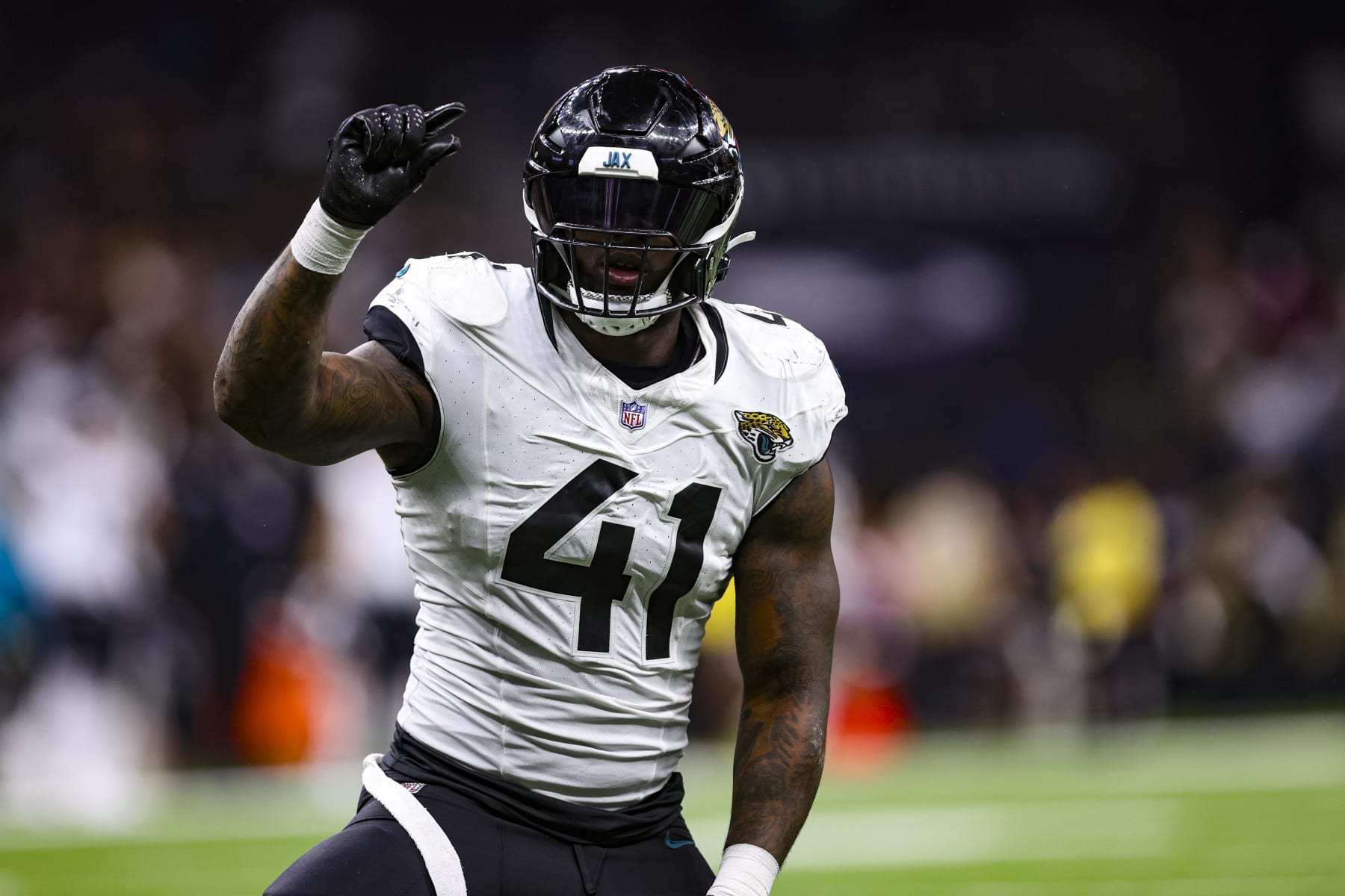 NEW ORLEANS, LA - OCTOBER 19: Josh Allen #41 of the Jacksonville Jaguars celebrates during an NFL football game against the New Orleans Saints at Caesars Superdome on October 19, 2023 in New Orleans, Louisiana. (Photo by Perry Knotts/Getty Images)