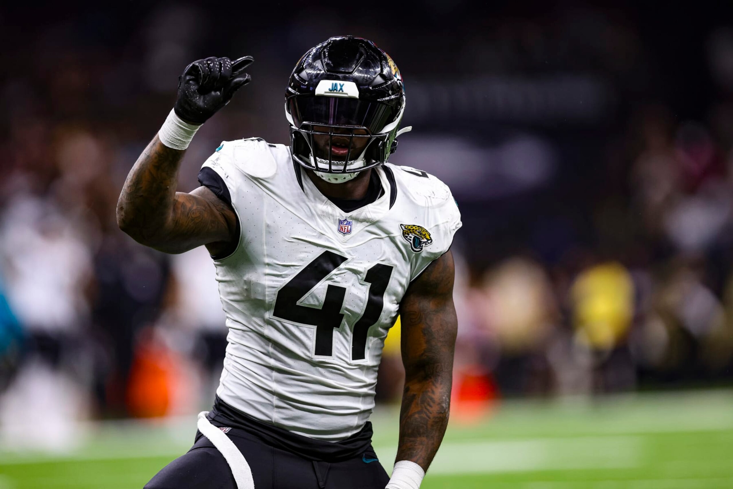 NEW ORLEANS, LA - OCTOBER 19: Josh Allen #41 of the Jacksonville Jaguars celebrates during an NFL football game against the New Orleans Saints at Caesars Superdome on October 19, 2023 in New Orleans, Louisiana. (Photo by Perry Knotts/Getty Images) NEW ORLEANS, LA - OCTOBER 19: Josh Allen #41 of the Jacksonville Jaguars celebrates during an NFL football game against the New Orleans Saints at Caesars Superdome on October 19, 2023 in New Orleans, Louisiana. (Photo by Perry Knotts/Getty Images)