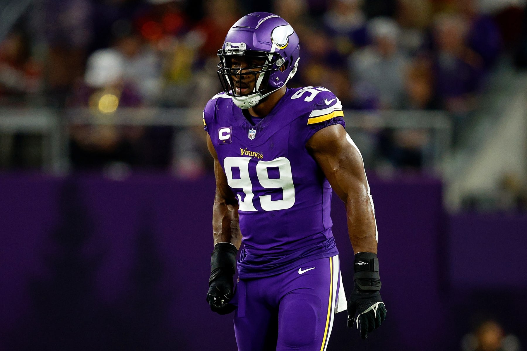 MINNEAPOLIS, MINNESOTA - OCTOBER 23: Danielle Hunter #99 of the Minnesota Vikings looks on against the San Francisco 49ers in the first half at U.S. Bank Stadium on October 23, 2023 in Minneapolis, Minnesota. The Vikings defeated the 49ers 22-17. (Photo by David Berding/Getty Images)