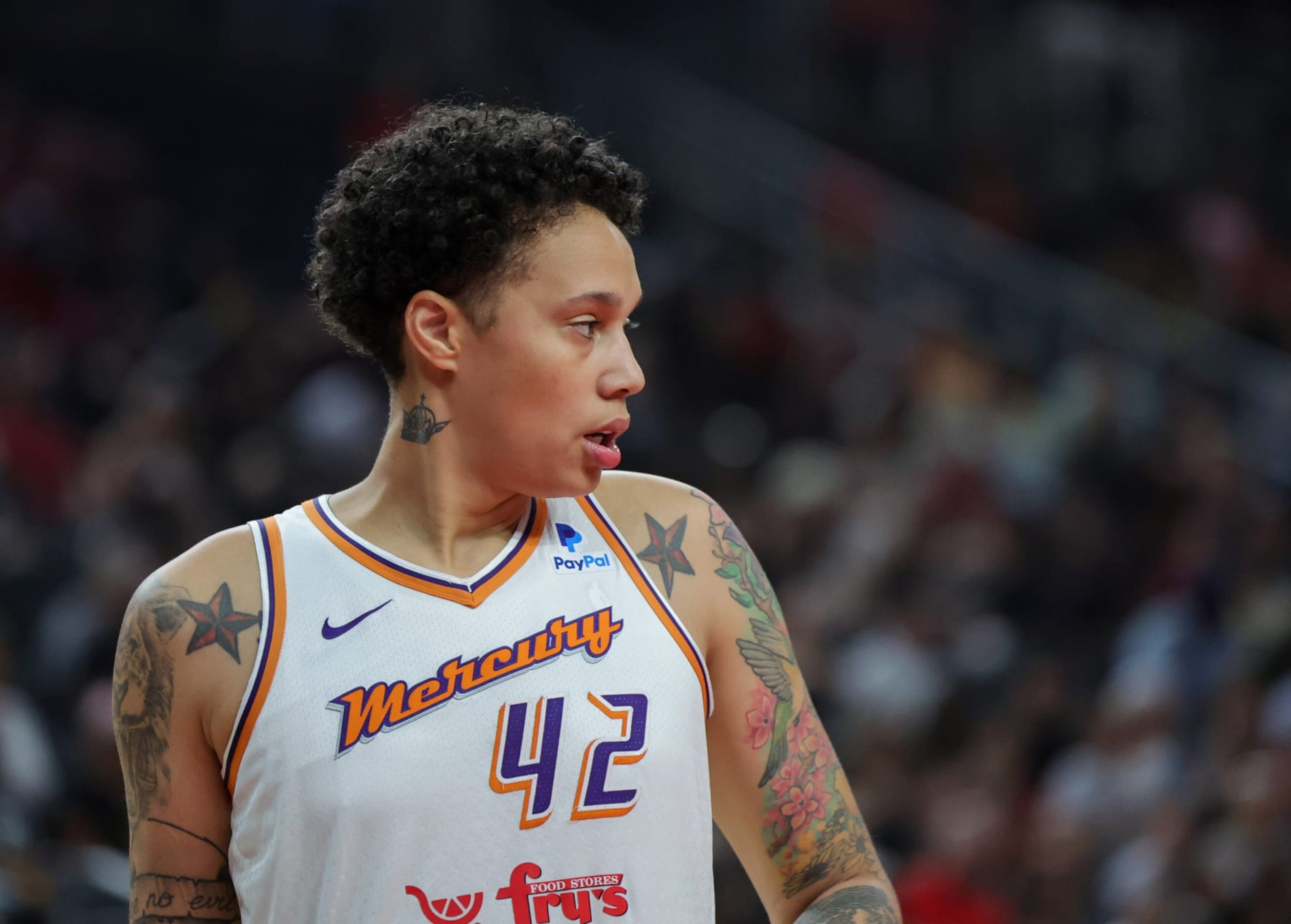 LAS VEGAS, NEVADA - SEPTEMBER 10: Brittney Griner #42 of the Phoenix Mercury walks on the court during a break in the first quarter of a game against the Las Vegas Aces at T-Mobile Arena on September 10, 2023 in Las Vegas, Nevada. The Aces defeated the Mercury 100-85. NOTE TO USER: User expressly acknowledges and agrees that, by downloading and or using this photograph, User is consenting to the terms and conditions of the Getty Images License Agreement. (Photo by Ethan Miller/Getty Images) LAS VEGAS, NEVADA - SEPTEMBER 10: Brittney Griner #42 of the Phoenix Mercury walks on the court during a break in the first quarter of a game against the Las Vegas Aces at T-Mobile Arena on September 10, 2023 in Las Vegas, Nevada. The Aces defeated the Mercury 100-85. NOTE TO USER: User expressly acknowledges and agrees that, by downloading and or using this photograph, User is consenting to the terms and conditions of the Getty Images License Agreement. (Photo by Ethan Miller/Getty Images)