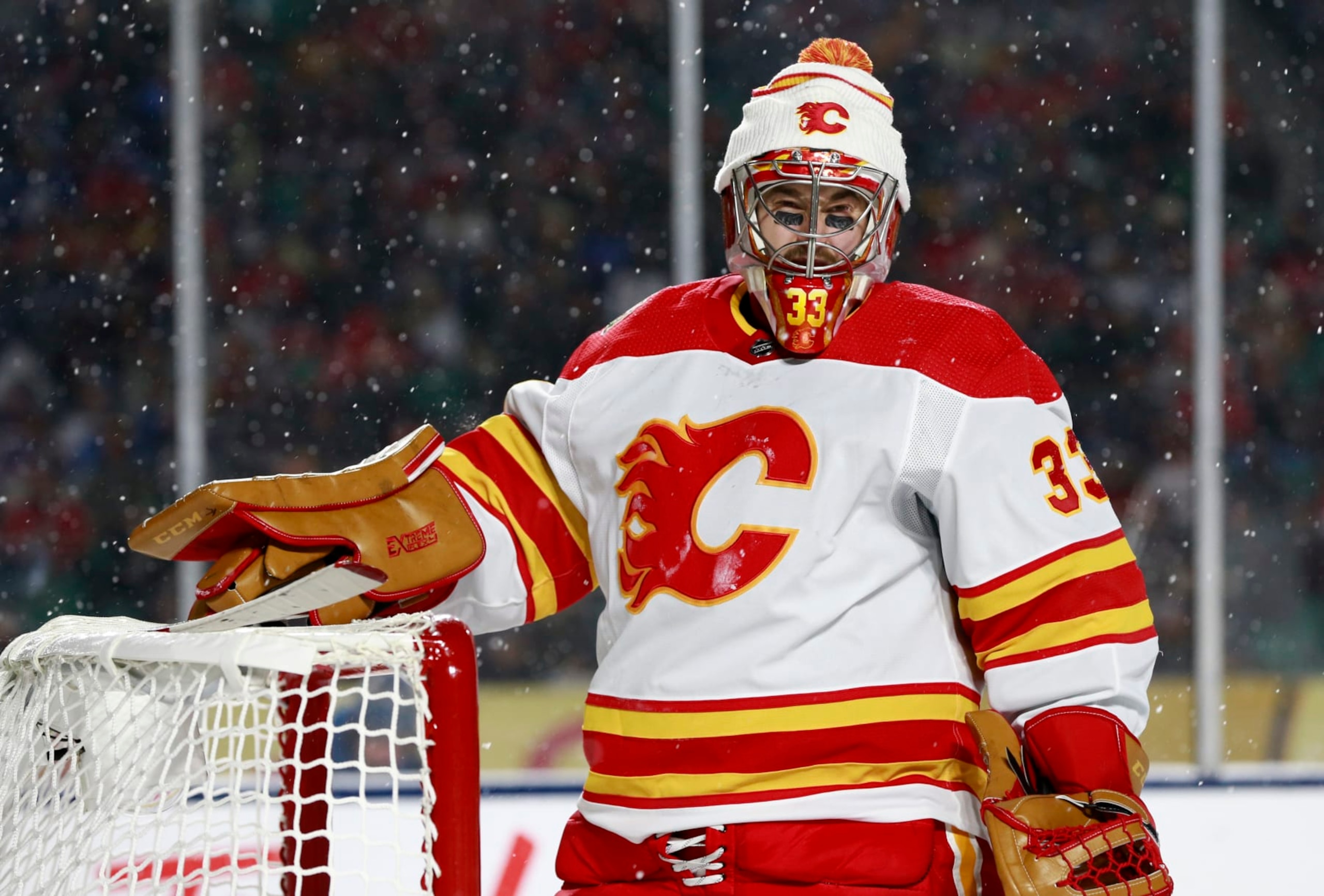 REGINA, SASKATCHEWAN - OCTOBER 26: Goaltender David Rittich #33 of the Calgary Flames reacts during the 2019 Tim Hortons NHL Heritage Classic against the Winnipeg Jets at Mosaic Stadium on October 26, 2019 in Regina, Canada. The Jets defeated the Flames 2-1 in overtime. (Photo by Jeff Vinnick/NHLI via Getty Images) REGINA, SASKATCHEWAN - OCTOBER 26: Goaltender David Rittich #33 of the Calgary Flames reacts during the 2019 Tim Hortons NHL Heritage Classic against the Winnipeg Jets at Mosaic Stadium on October 26, 2019 in Regina, Canada. The Jets defeated the Flames 2-1 in overtime. (Photo by Jeff Vinnick/NHLI via Getty Images)