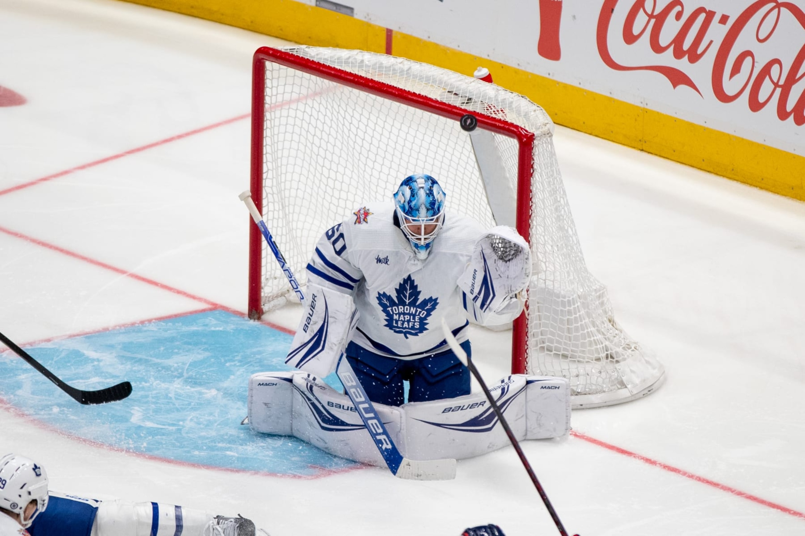 WASHINGTON, DC - OCTOBER 24: Toronto Maple Leafs goaltender Joseph Woll (60) deflects the puck during the game between the Toronto Maple Leafs and the Washington Capitals on October 24, 2023, at American Airlines Center in Dallas, Texas. (Photo by Charles Brock/Icon Sportswire via Getty Images) WASHINGTON, DC - OCTOBER 24: Toronto Maple Leafs goaltender Joseph Woll (60) deflects the puck during the game between the Toronto Maple Leafs and the Washington Capitals on October 24, 2023, at American Airlines Center in Dallas, Texas. (Photo by Charles Brock/Icon Sportswire via Getty Images)