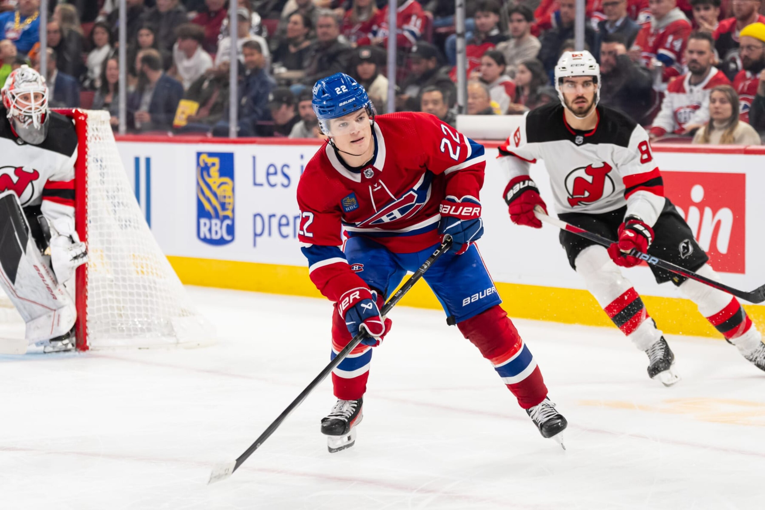 MONTREAL, CANADA - OCTOBER 24: Cole Caufield #22 of the Montreal Canadiens looks on during the second period of the NHL regular season game against the New Jersey Devils at the Bell Centre on October 24, 2023 in Montreal, Quebec, Canada. (Photo by Arianne Bergeron/NHLI via Getty Images) MONTREAL, CANADA - OCTOBER 24: Cole Caufield #22 of the Montreal Canadiens looks on during the second period of the NHL regular season game against the New Jersey Devils at the Bell Centre on October 24, 2023 in Montreal, Quebec, Canada. (Photo by Arianne Bergeron/NHLI via Getty Images)