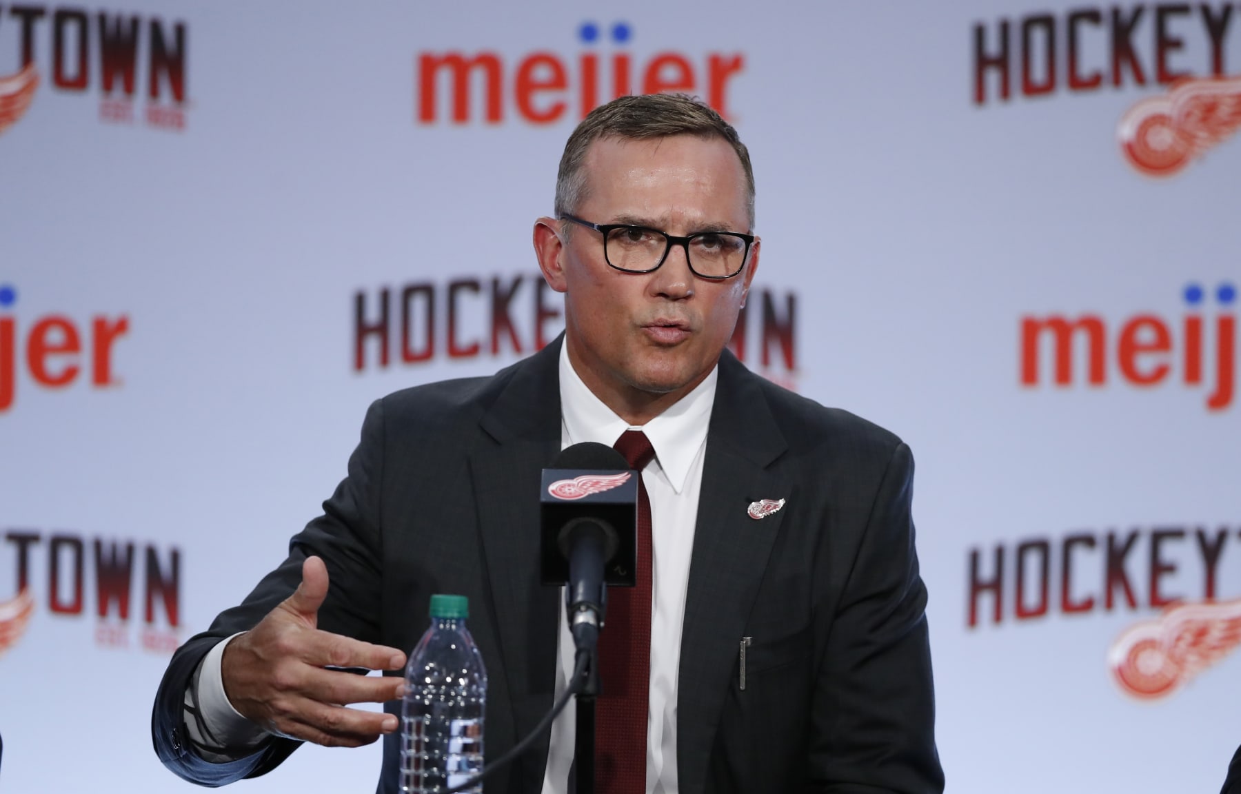 Steve Yzerman is answers a question as the new executive vice president and general manager of the Detroit Red Wings, Friday, April 19, 2019, in Detroit. Yzerman returns to Detroit where he was part of three Stanley Cup championship teams and a captain. (AP Photo/Carlos Osorio)