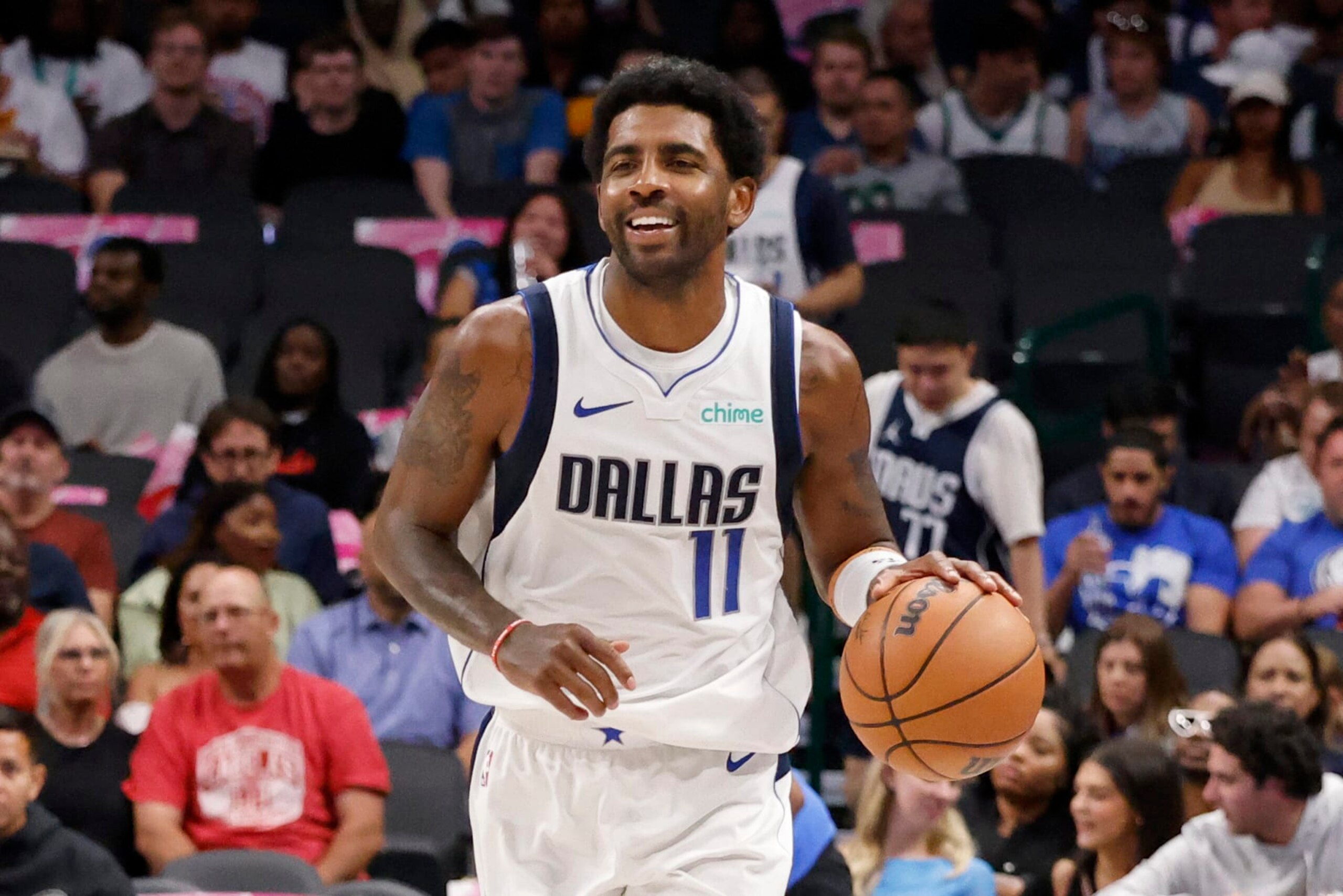 Dallas Mavericks guard Kyrie Irving (11) advances the ball during the first half of an NBA preseason basketball gam in Dallas, Friday, Oct. 20, 2023. (AP Photo/Michael Ainsworth) Dallas Mavericks guard Kyrie Irving (11) advances the ball during the first half of an NBA preseason basketball gam in Dallas, Friday, Oct. 20, 2023. (AP Photo/Michael Ainsworth)