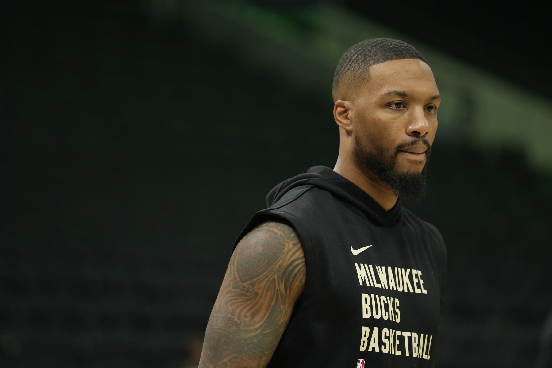 MILWAUKEE, WISCONSIN - OCTOBER 26: Damian Lillard #0 of the Milwaukee Bucks warms up before a game against the Philadelphia 76ers at Fiserv Forum on October 26, 2023 in Milwaukee, Wisconsin. NOTE TO USER: User expressly acknowledges and agrees that, by downloading and or using this photograph, User is consenting to the terms and conditions of the Getty Images License Agreement. (Photo by Patrick McDermott/Getty Images)